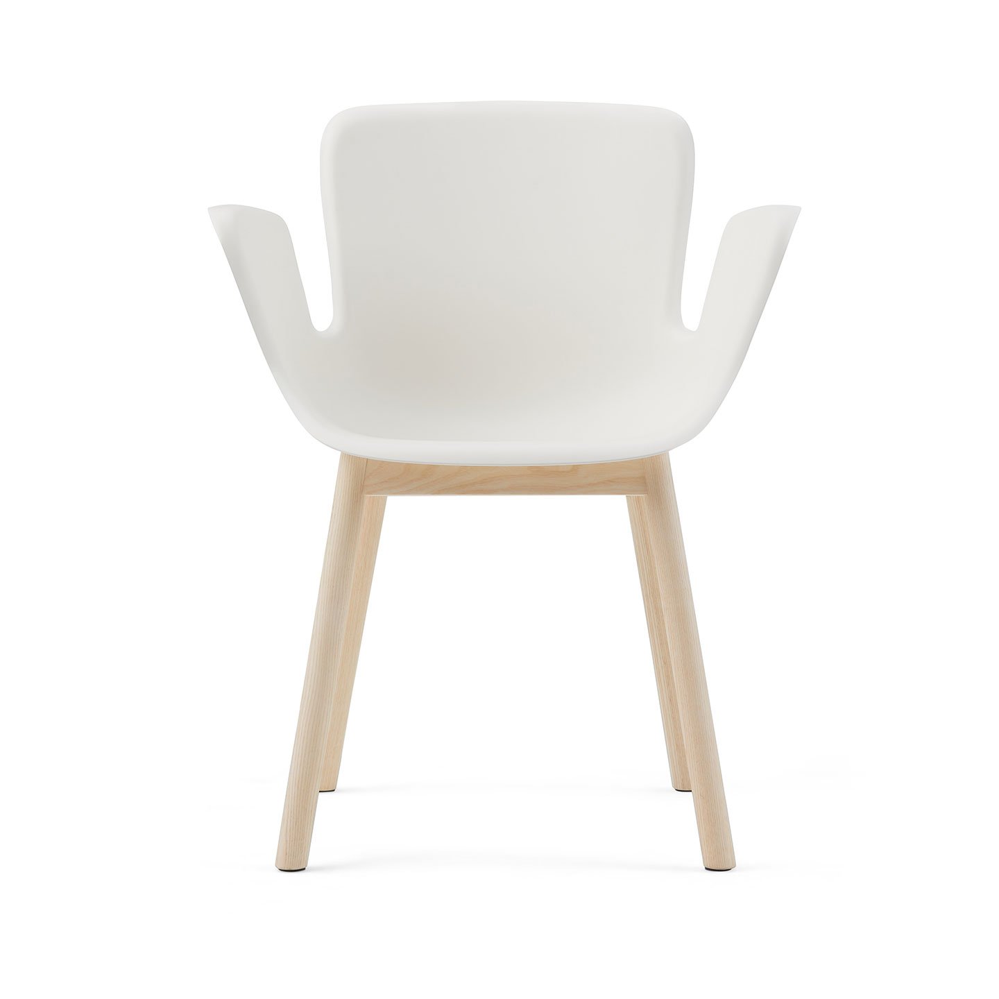 Haworth Juli Plastic chair in white color with wooden base and legs front view