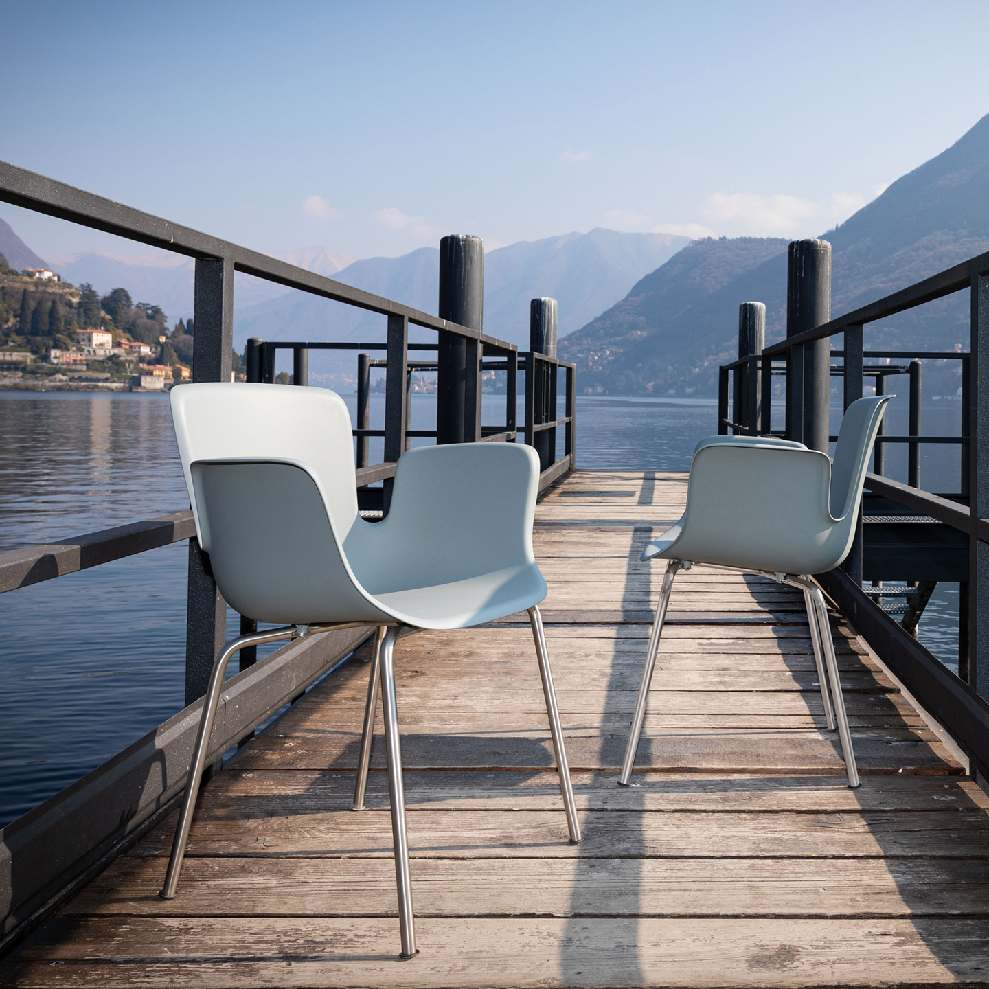 Juli Re-Plastic is the four-leg base outdoor chair made of stainless steel and the shell is realized with recycled and recyclable polypropylene reinforced with fibreglass. 