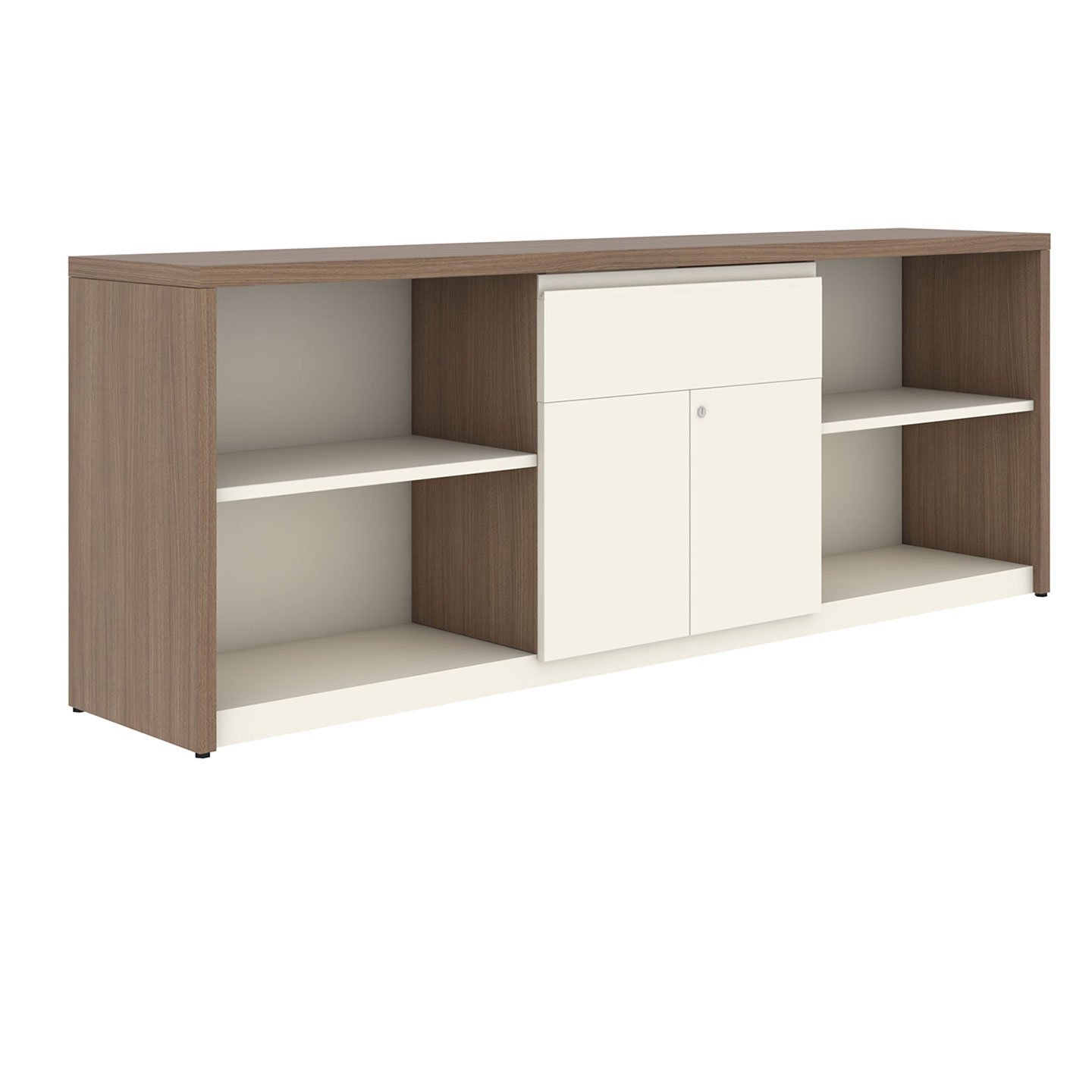 A Series credenza with open shelves and white cabinet doors