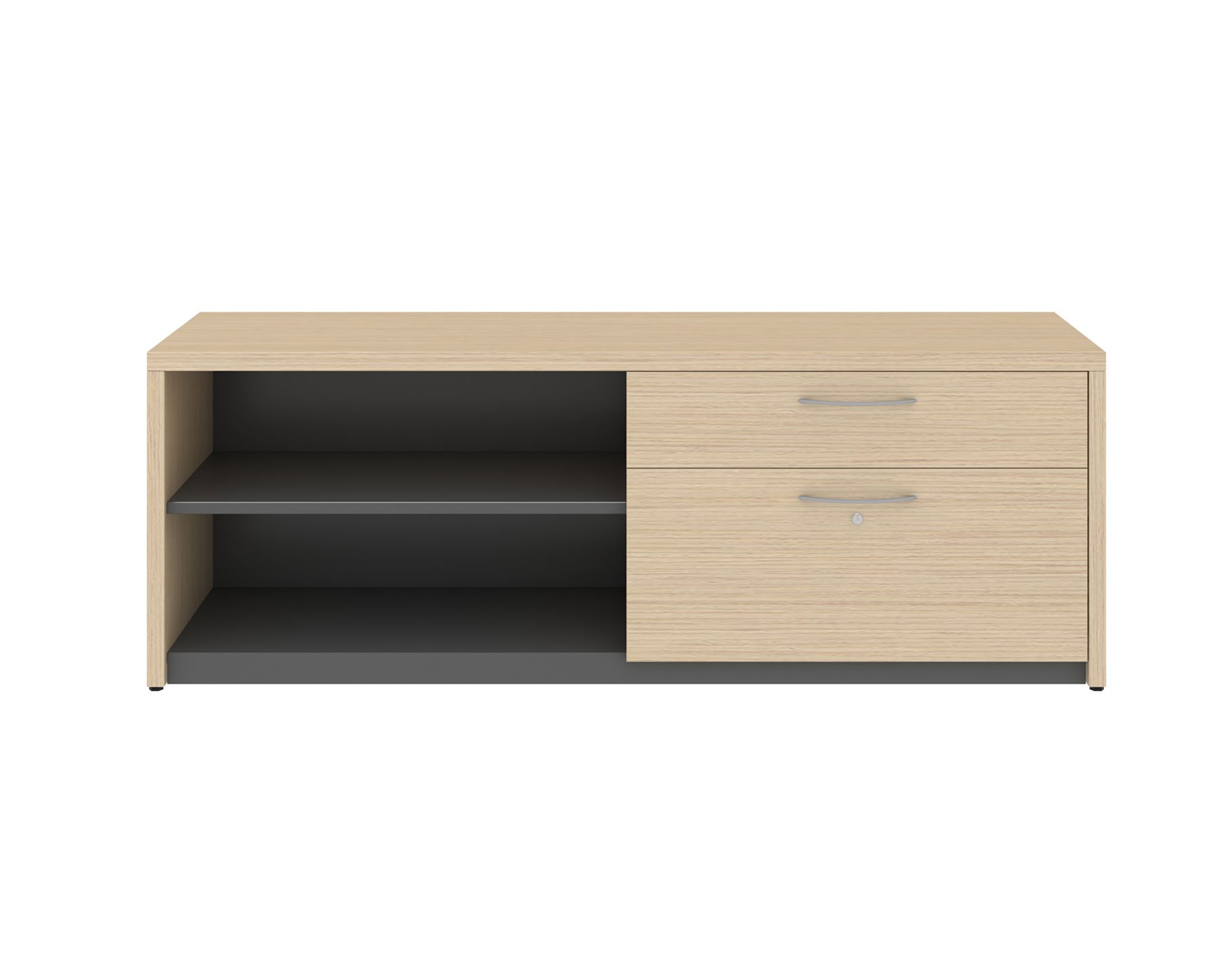 Light wooden A Series credenza with open shelves and box, file drawers with crescent drawer pulls 
