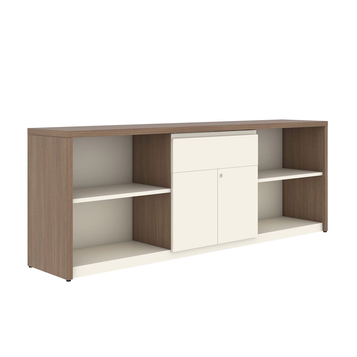 A Series credenza with open shelves and white cabinet doors