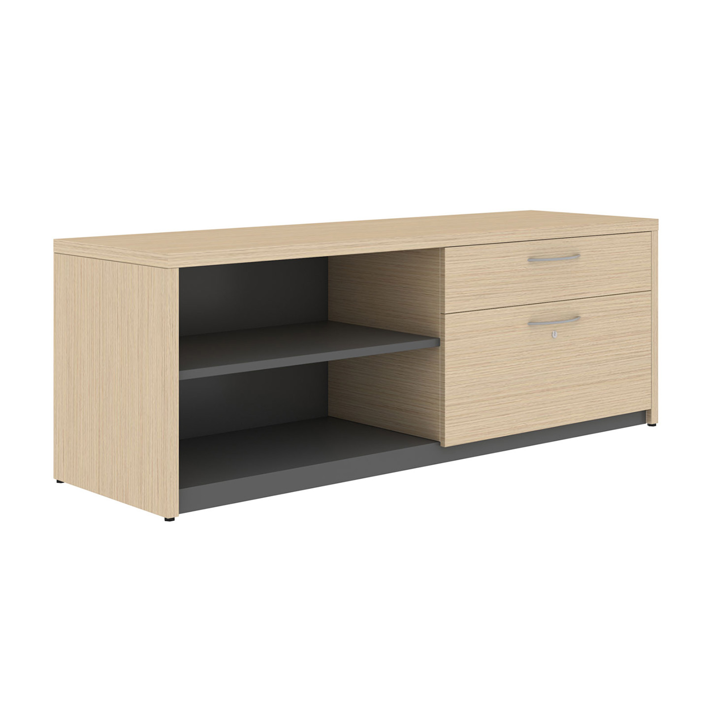 Light wooden A Series credenza with open shelves and box, file drawers with crescent drawer pulls 