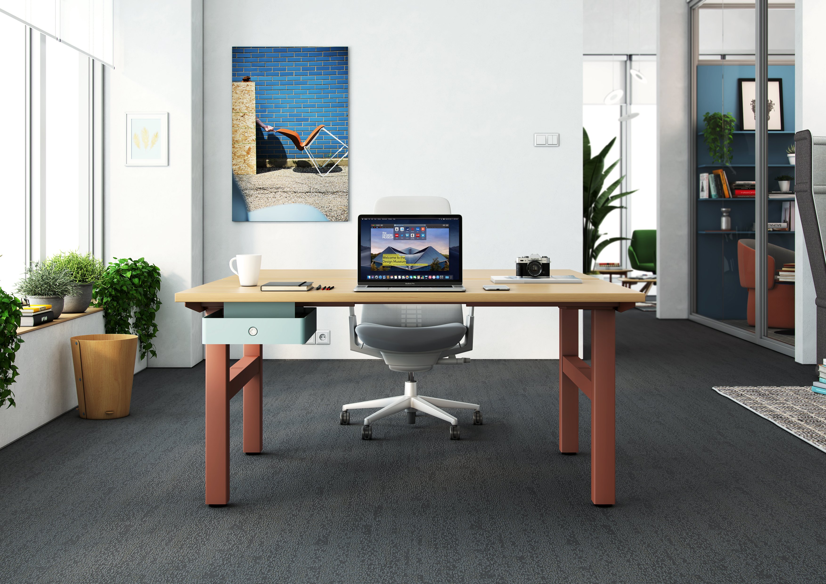 Active Components desk with burnt orange legs and under desk drawer in blue.  