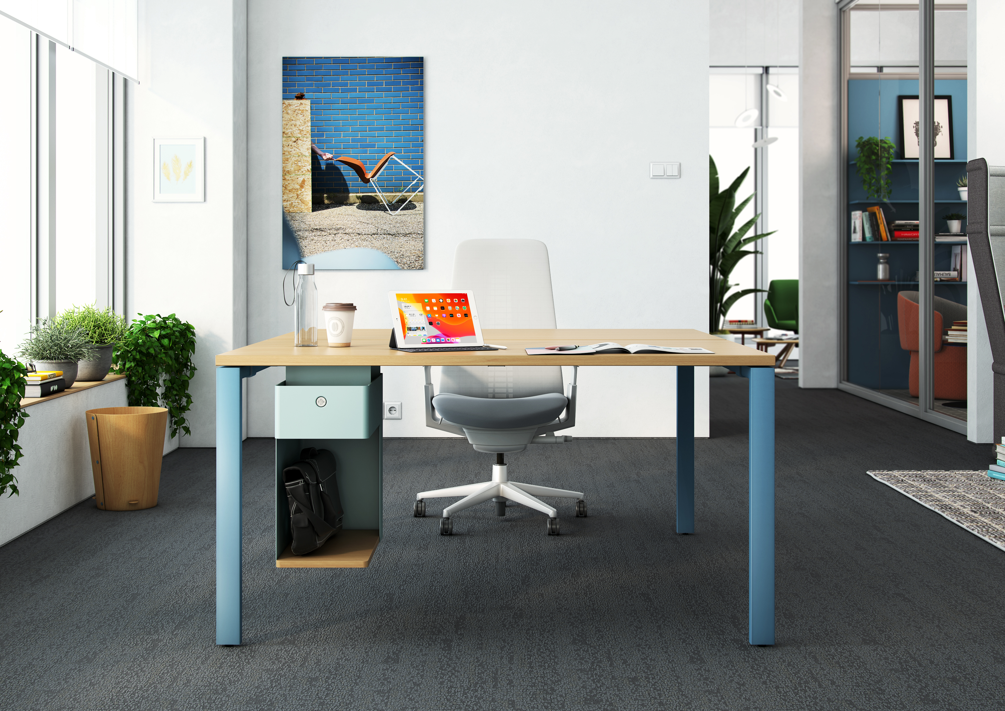 Active Components desk with under desk storage in blue