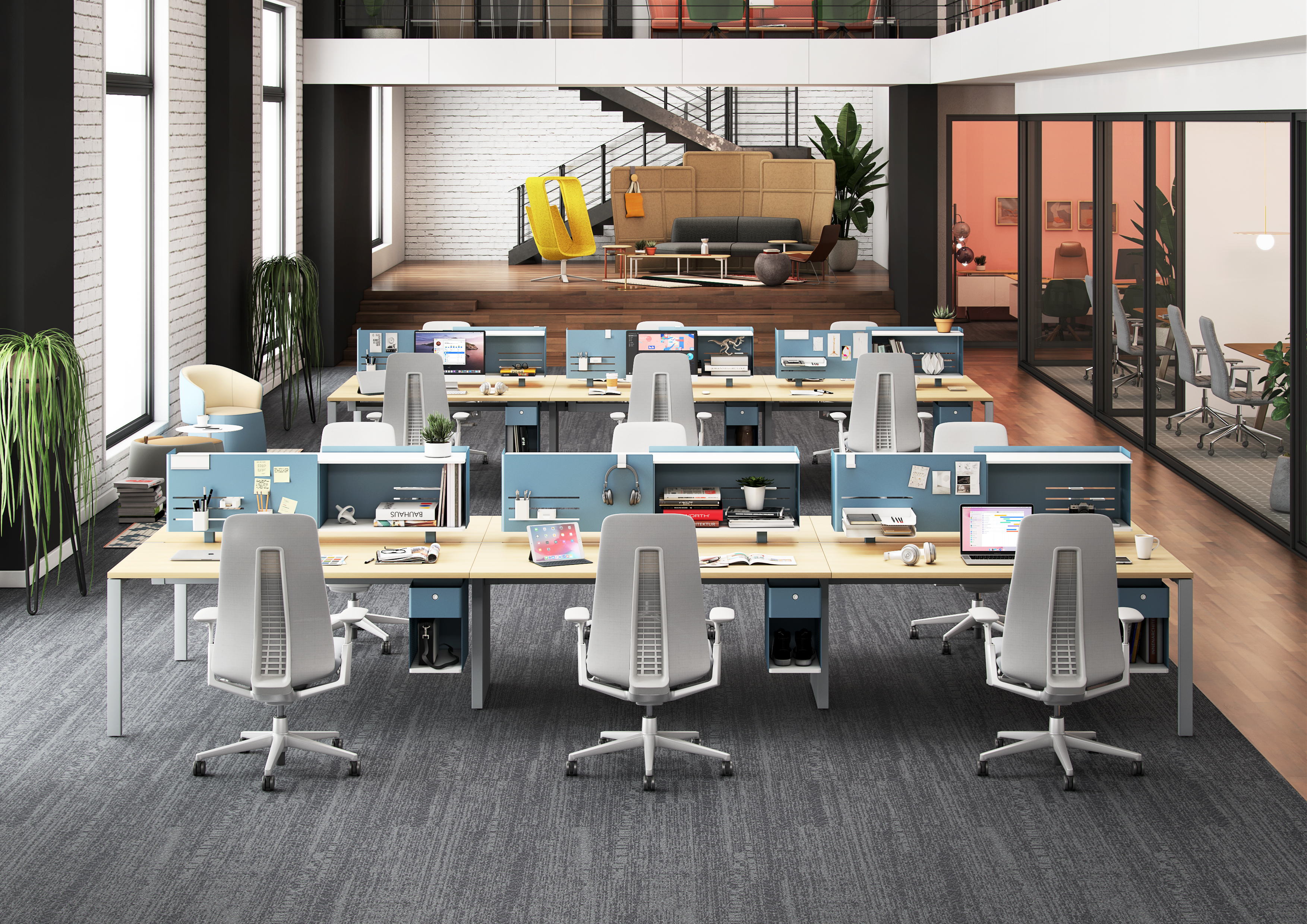 Active components desk in open office multiple individual work spaces with Fern chairs