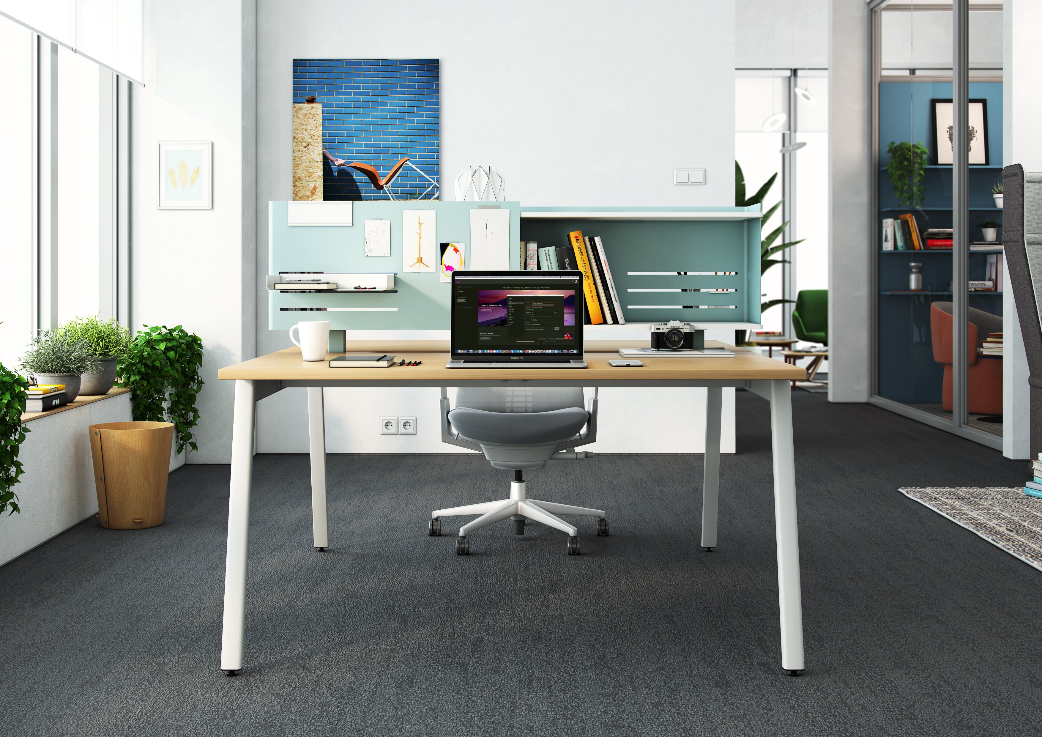 Active Components desk with privacy divider with shelves in blue. 