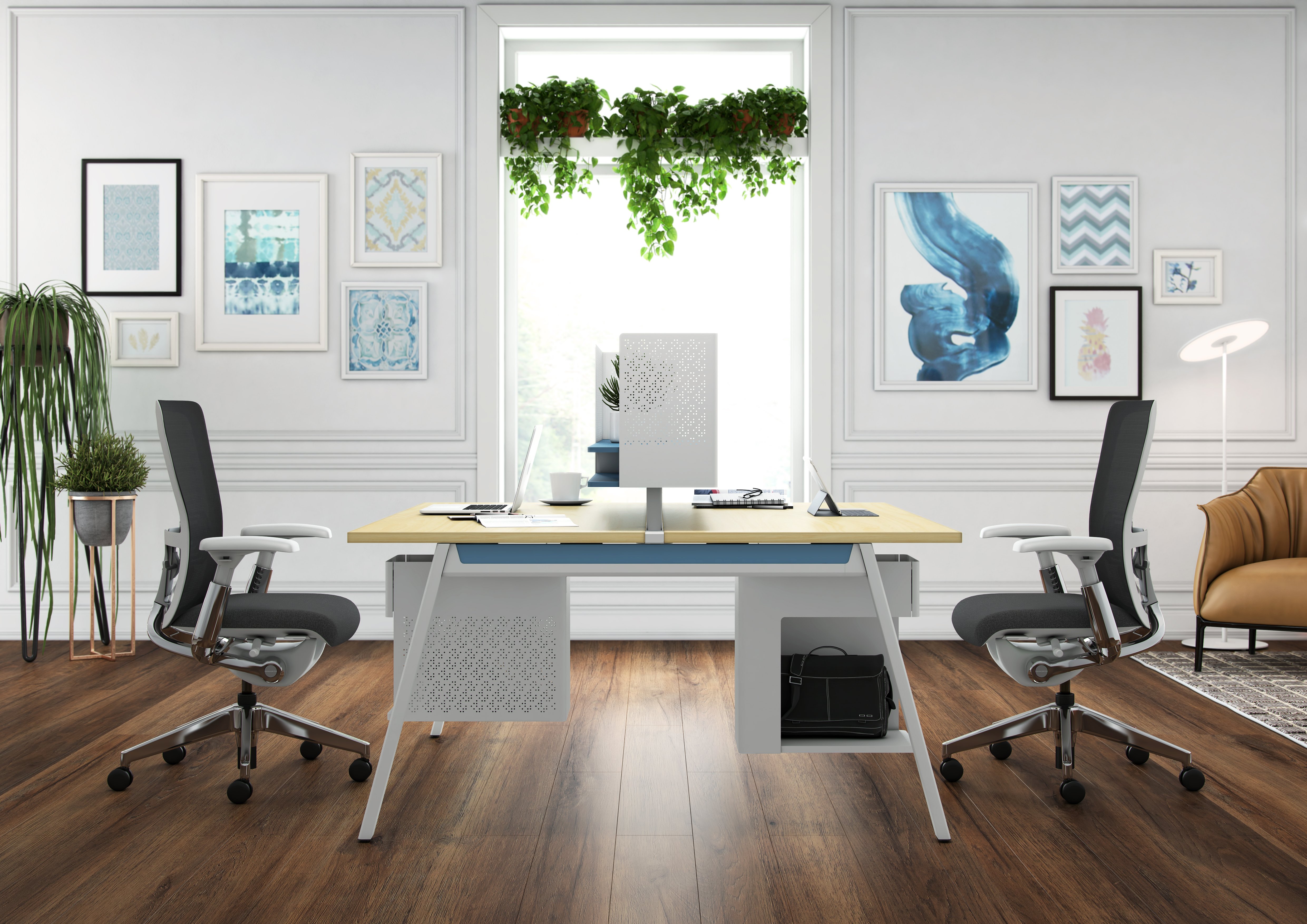 Active Components in home office with two individual workspaces and under desk storage