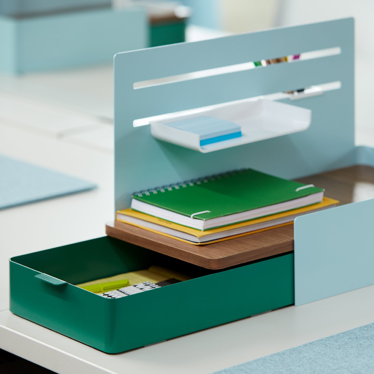 Active Components Personal Divider in light blue with dark green drawer. 