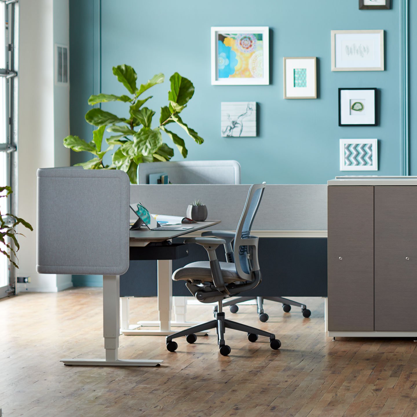 Haworth Curved Screens in gray at individual work space with Zody Chair
