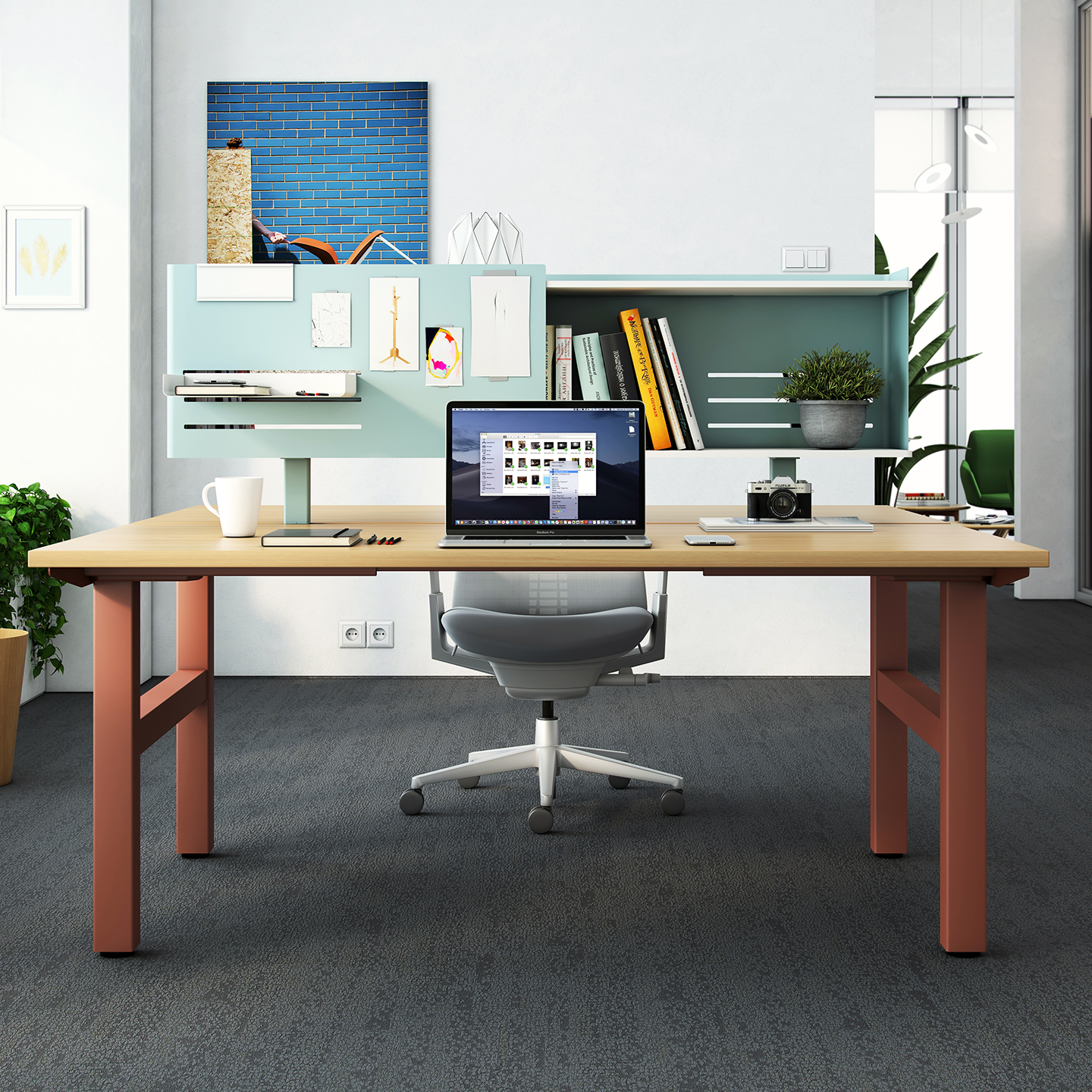 Active Components with shelf over desk in blue with red table legs