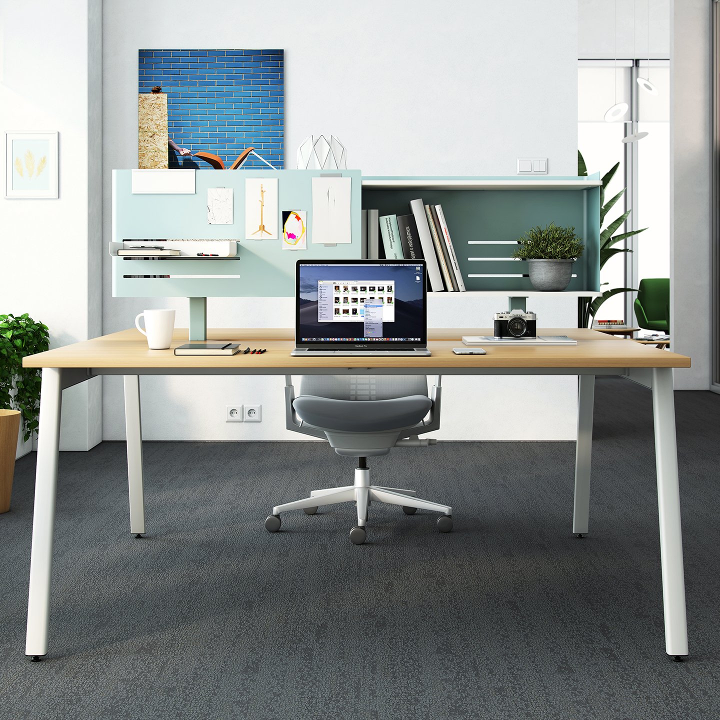 Active Components with shelf over desk in blue with white table legs