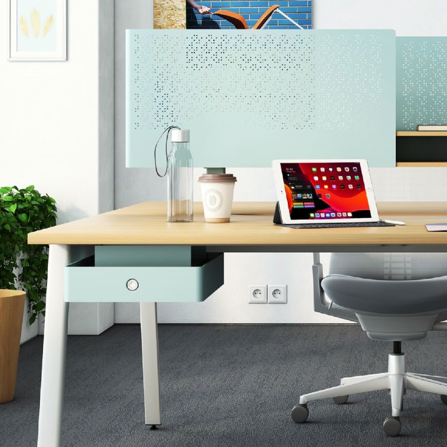 Active Components with drawer underneath desk with white table legs. 