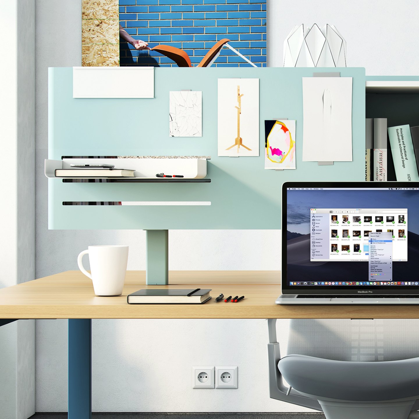 Active Components with shelf in blue above the desk.