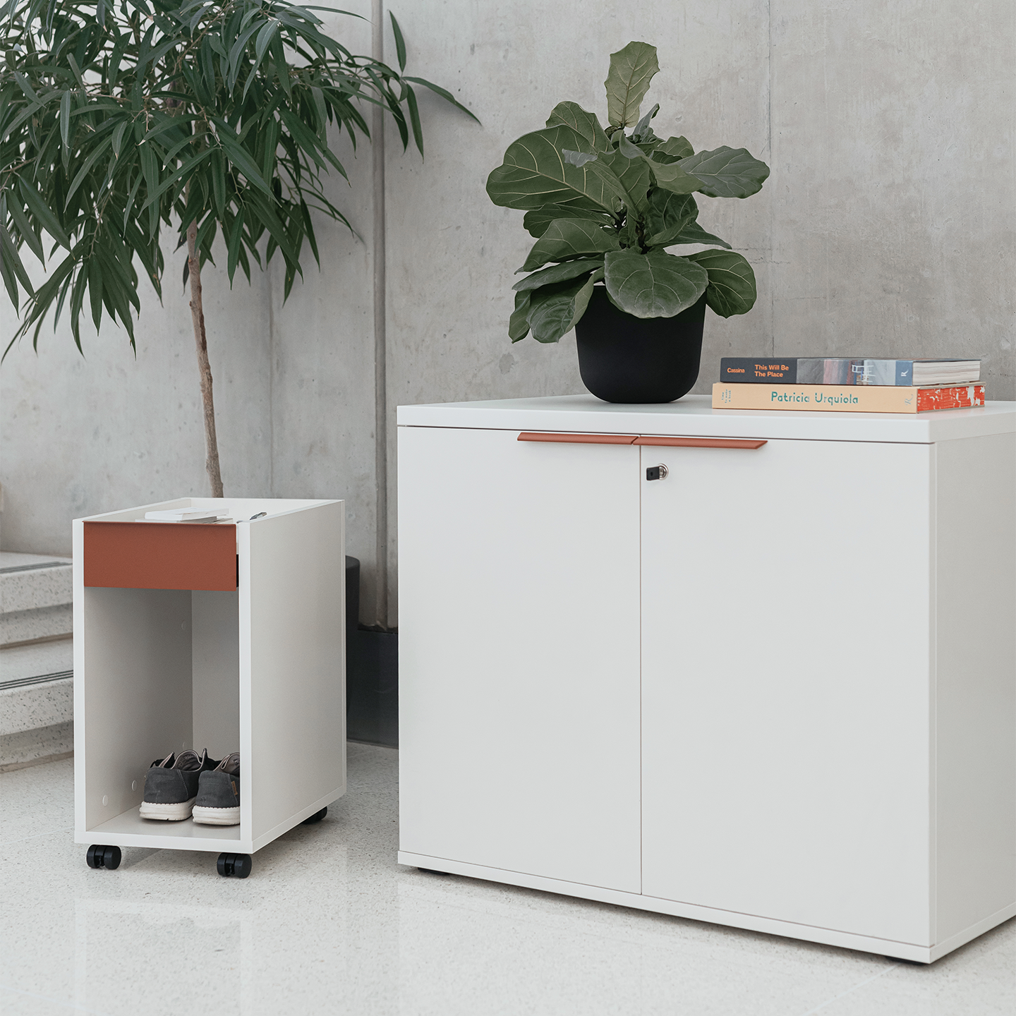 Be_Hold Be 2-high cabinet with doors and small open pedestal
