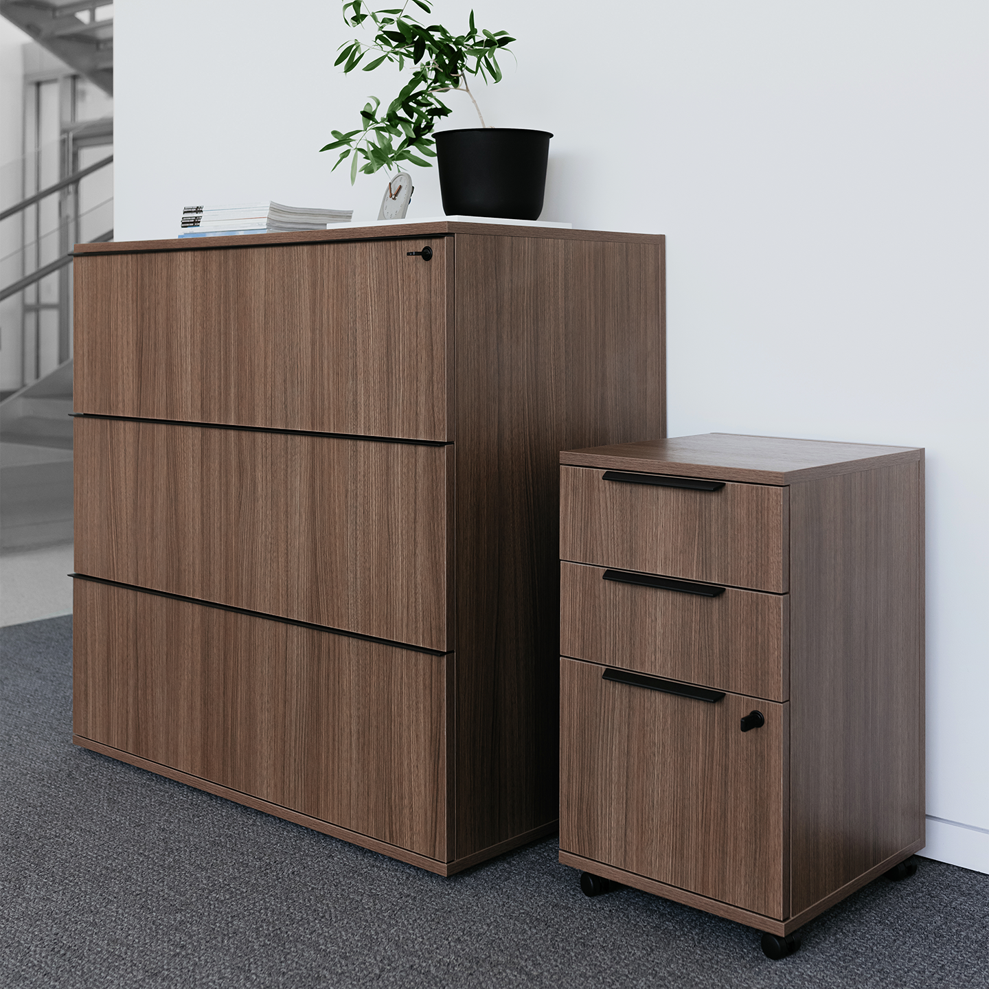 Be_Hold Be 3-high lateral file and mobile pedestal in walnut woodgrain laminate
