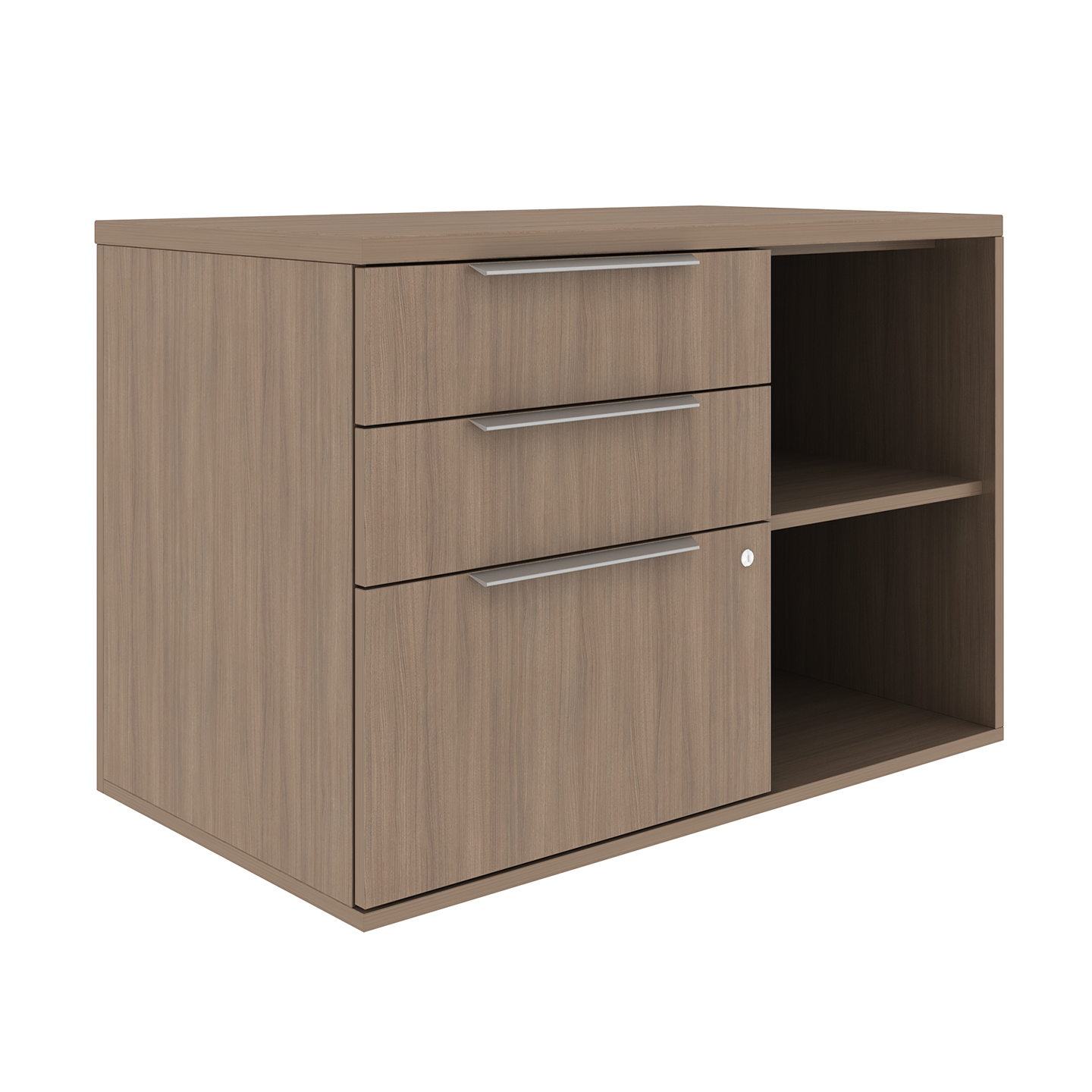 Credenza with drawers and open shelves in walnut woodgrain finish
