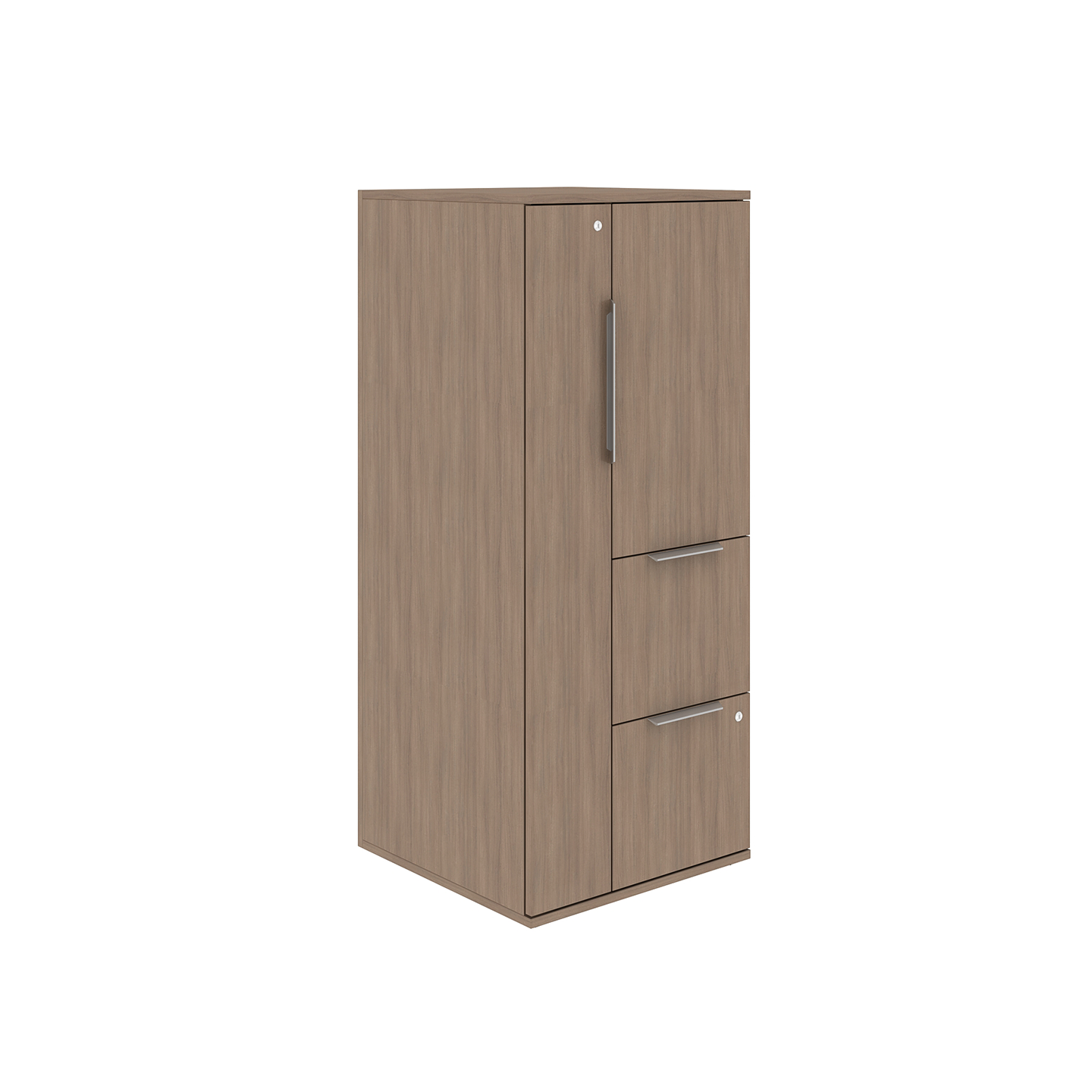 Tall cabinet with wardrobe door and drawers in walnut woodgrain finish