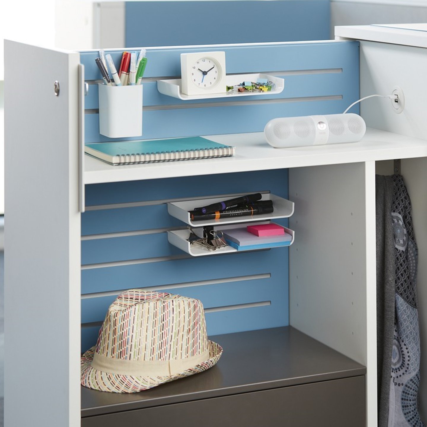 Haworth Beside storage pantry in white and blue in a room