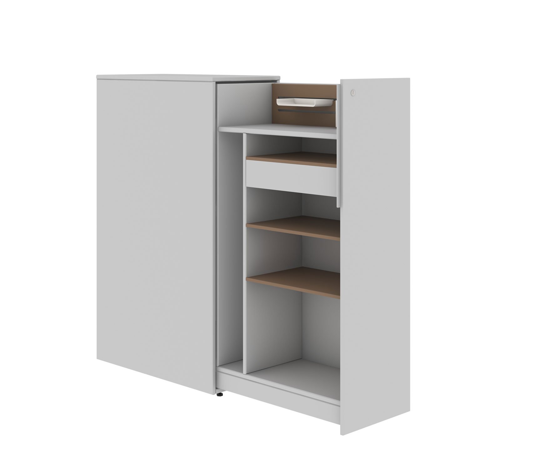 Beside Storage Pantry in gray with wooden shelves and lock sliding door