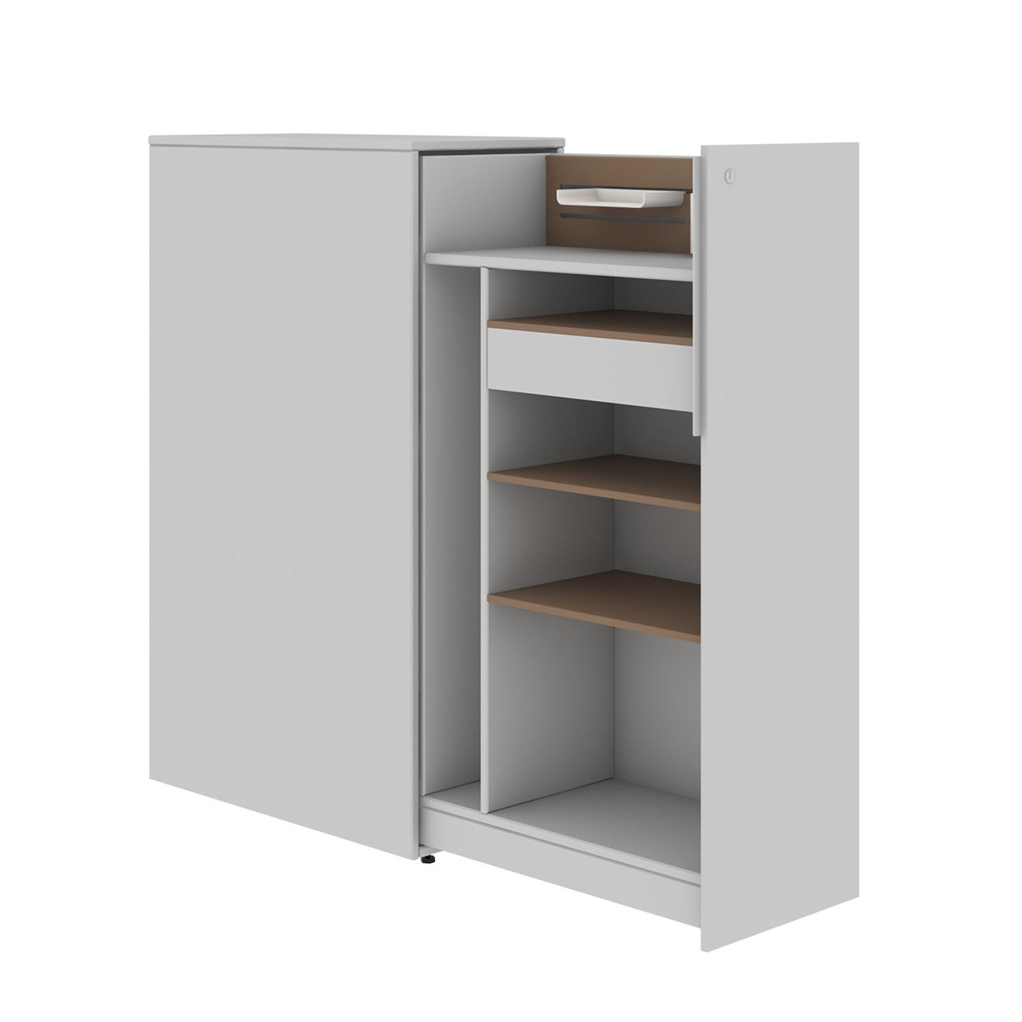 Beside Storage Pantry in gray with wooden shelves and lock sliding door