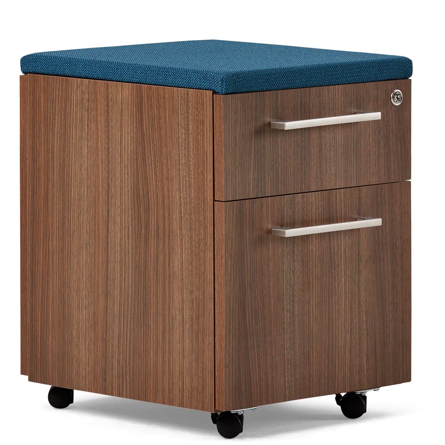 Compose pedestal in wood with Linear drawer pulls and lock drawer and blue cushion on top. 