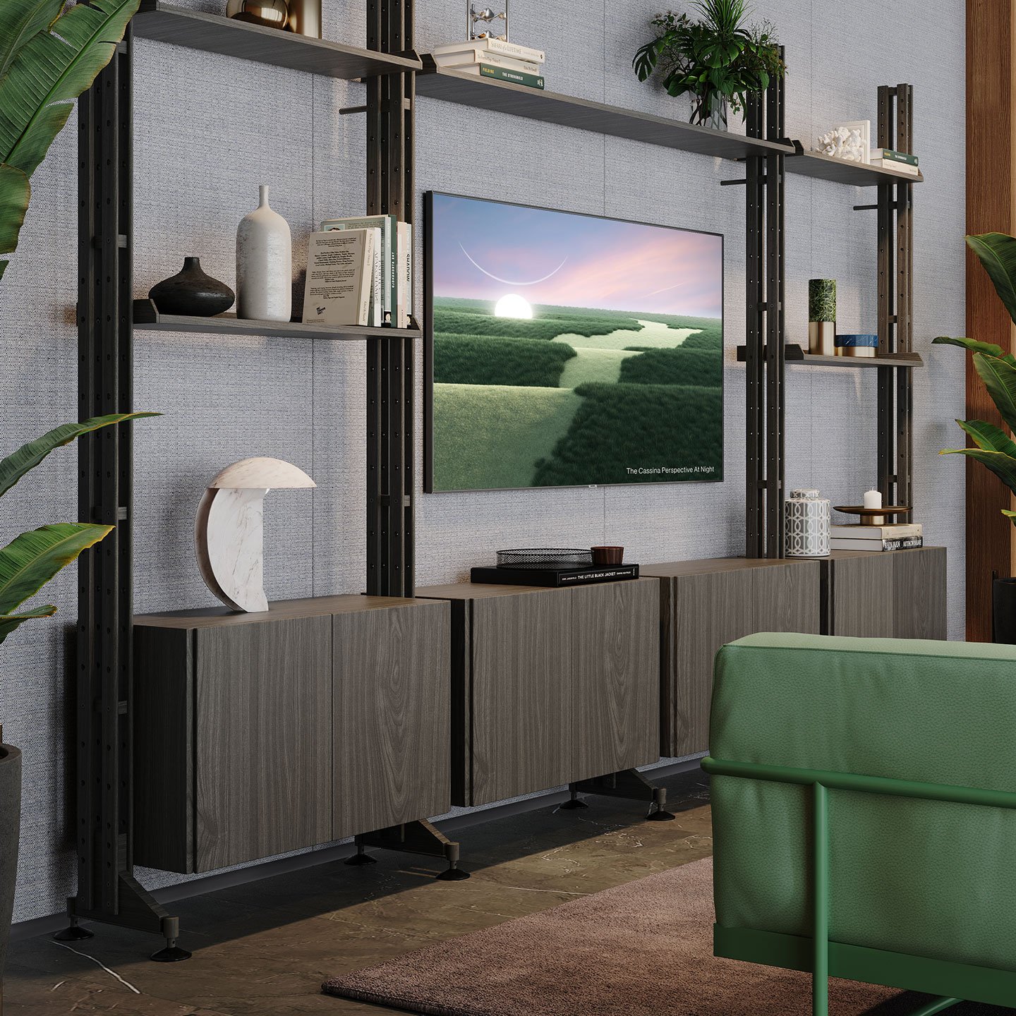 Infinito Wall in dark wood with television and décor. 