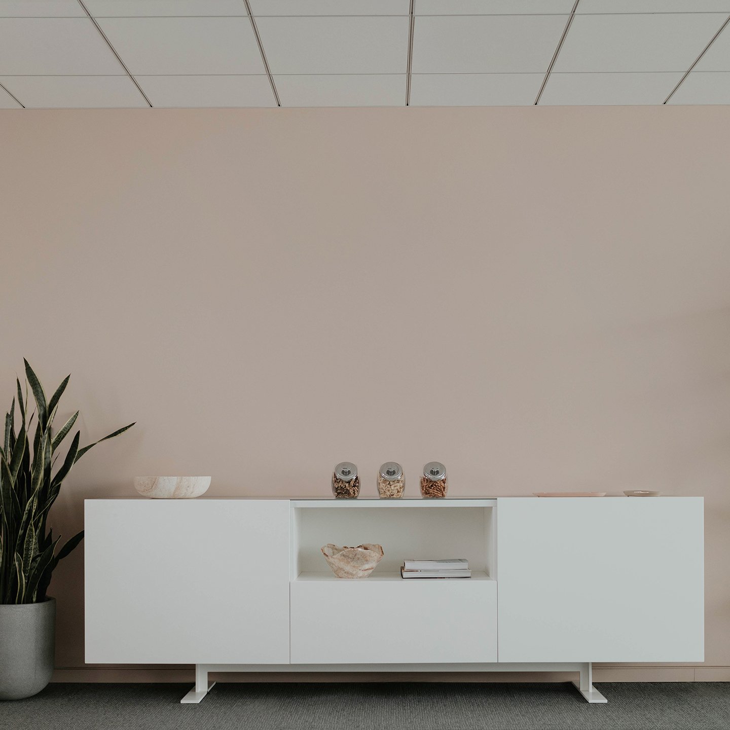 Luxor Credenza in white with open shelf. 