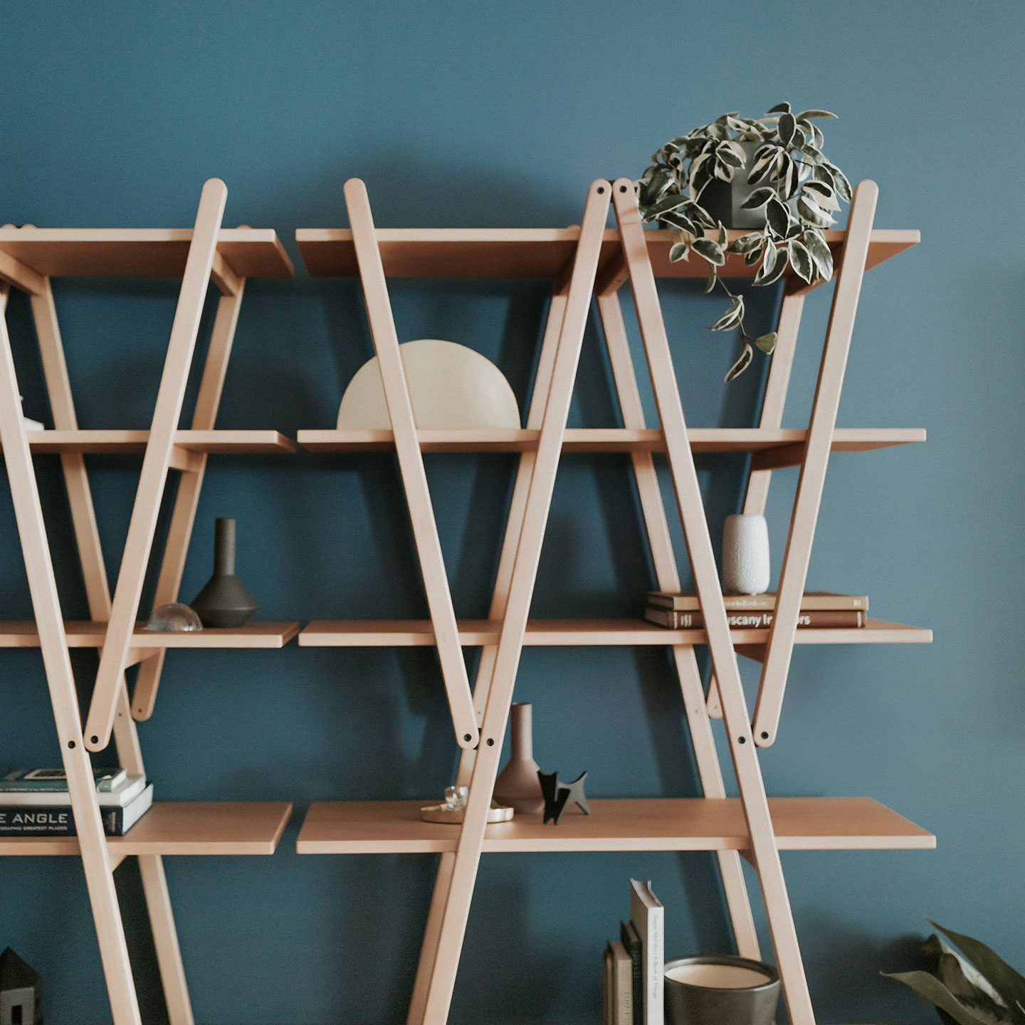 Nuvola Rossa shelving in light wood with décor.