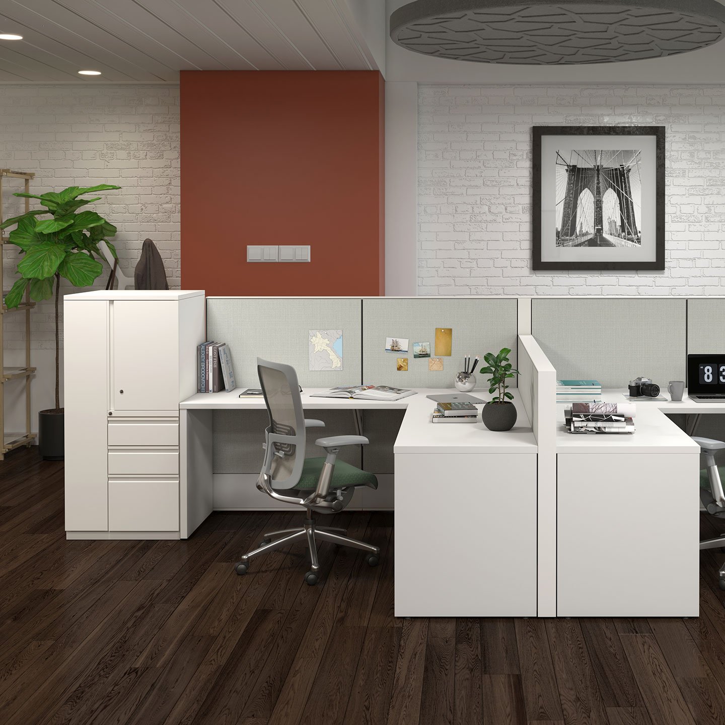 V Series storage unit in white at individual workspace with Zody chair.