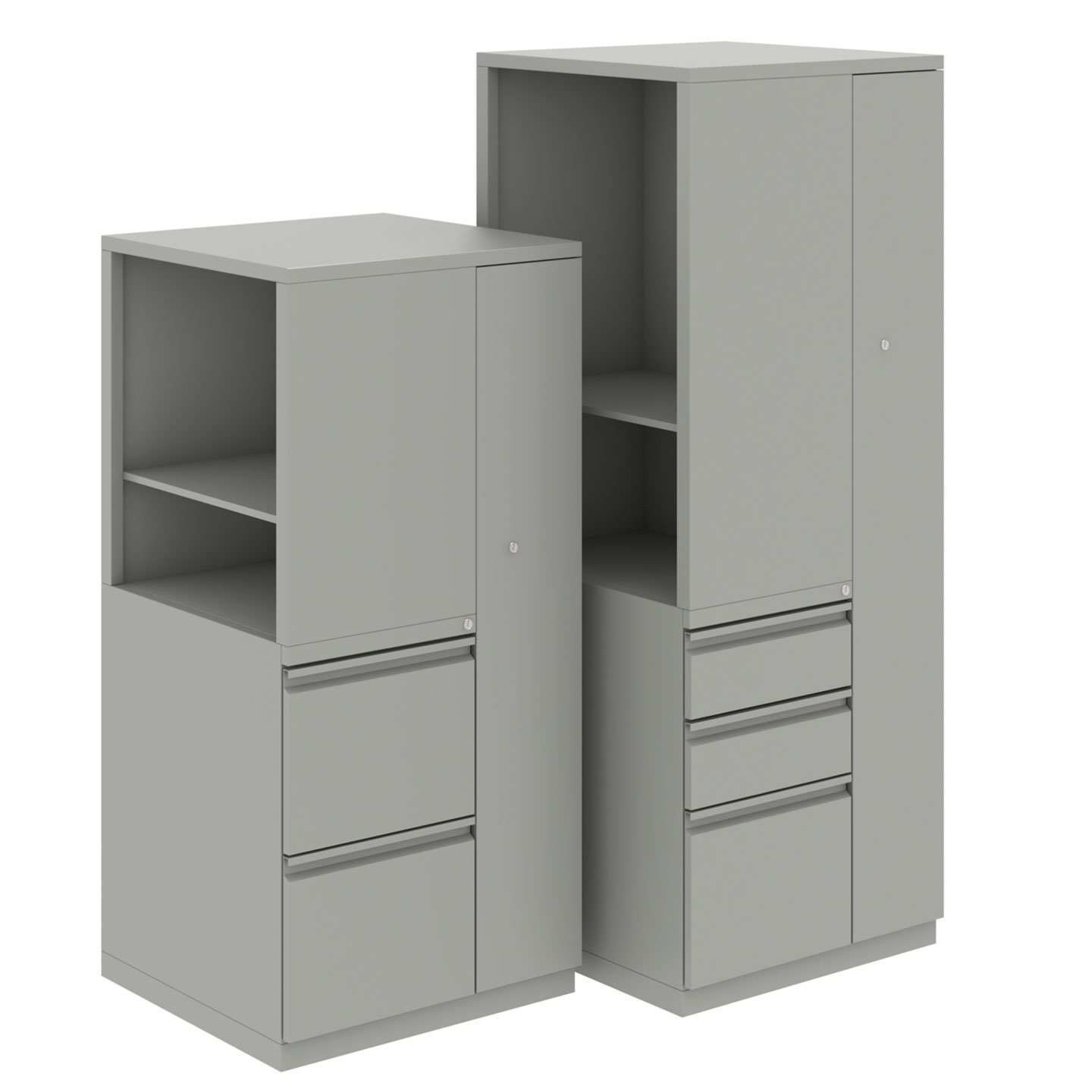 V Series Storage towers with open shelves, locking drawers, and locker cabinet..