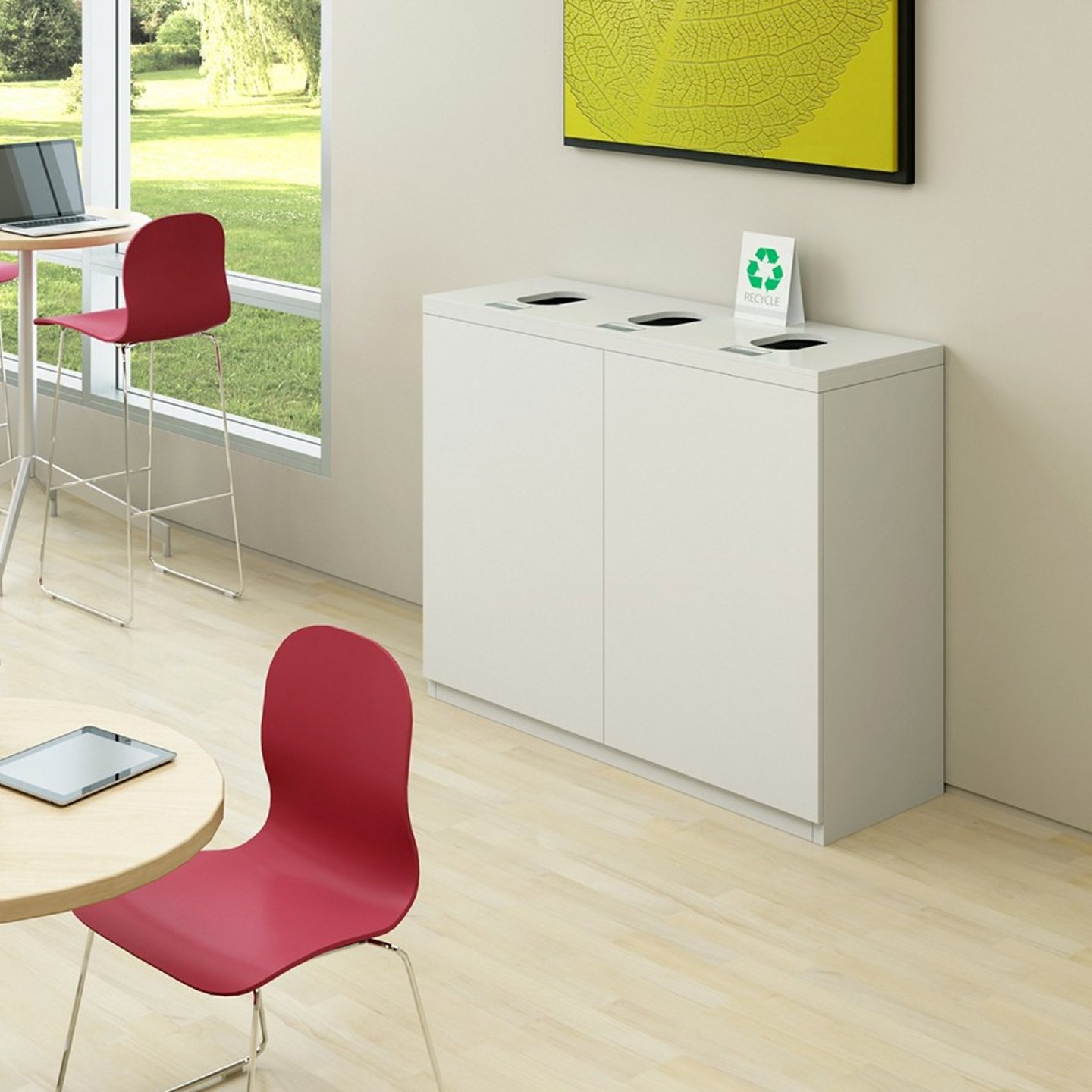 Three section X Series recycling unit in white in open workspace