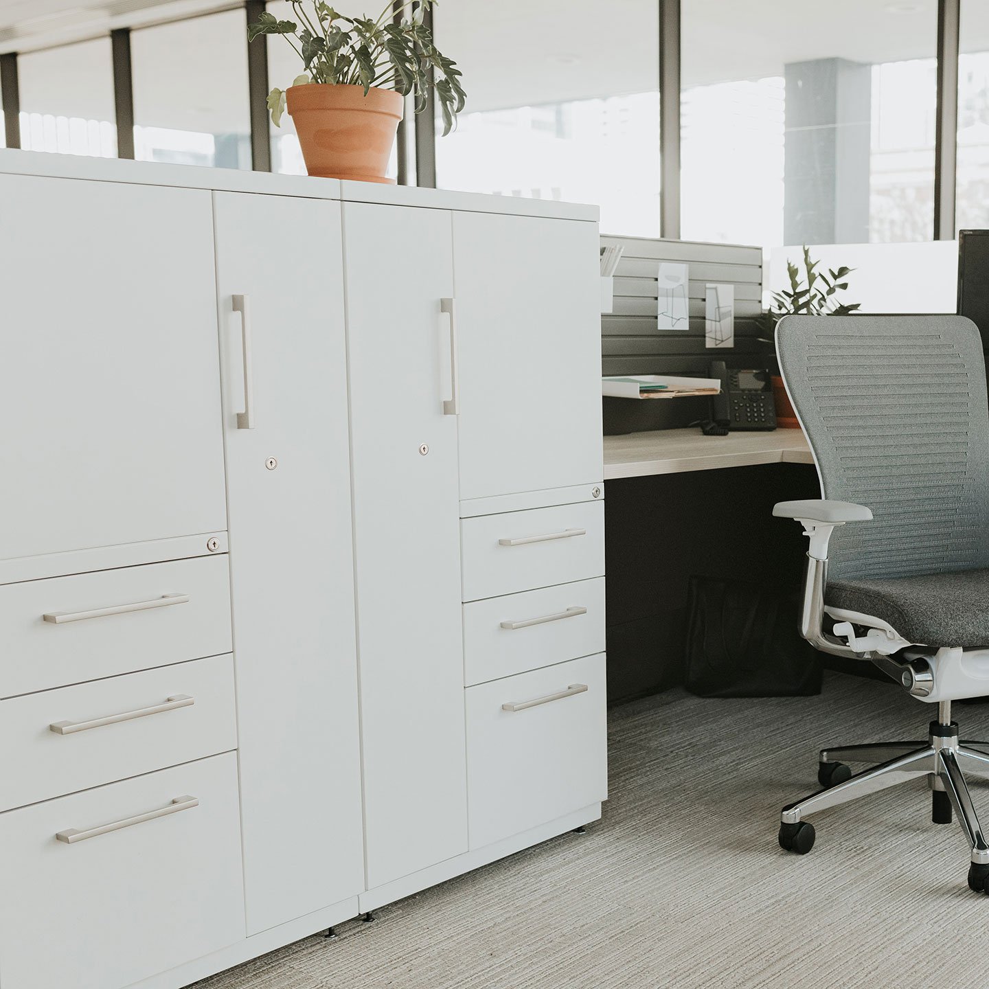 X Series storage unit with lock drawers and hinge door tall cabinets in white