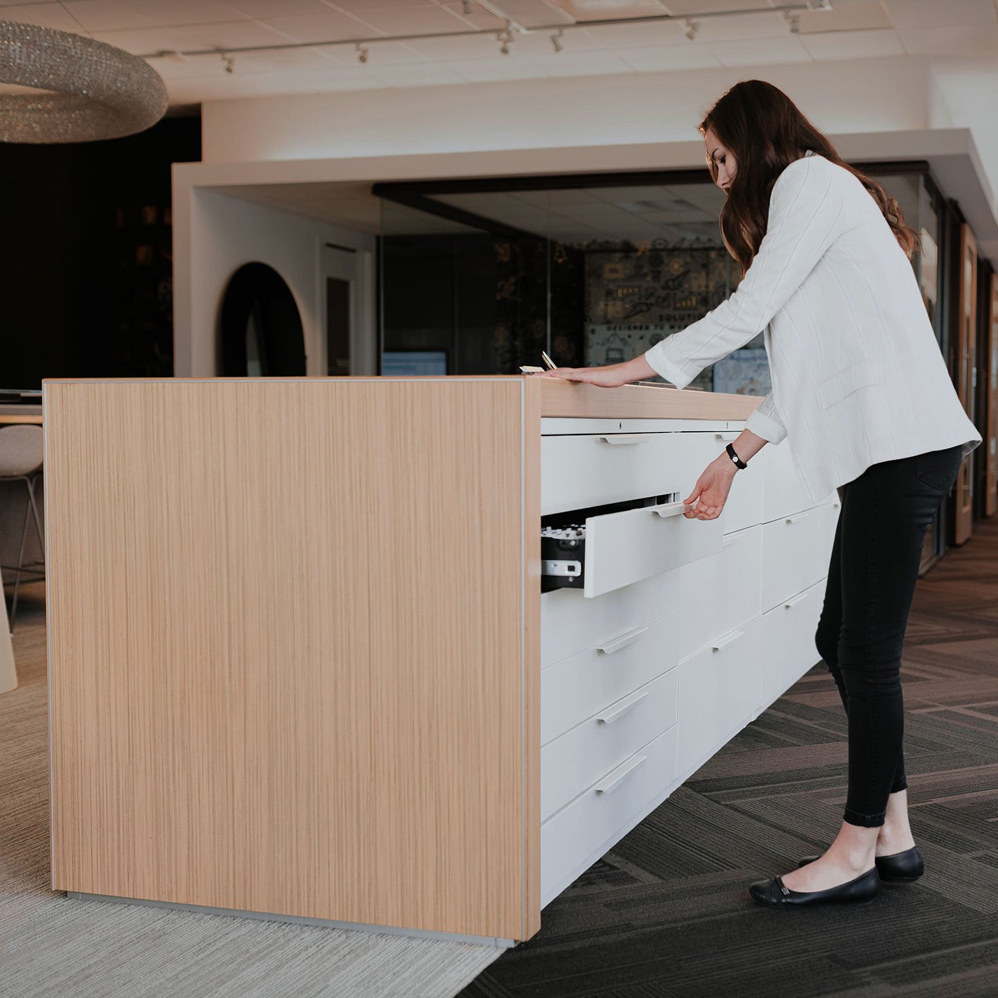 X Series drawer storage unit in light wood and white