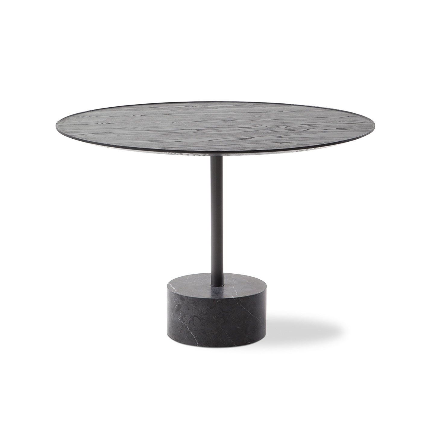 Haworth 9 table with circular base and circular top in black stained ash
