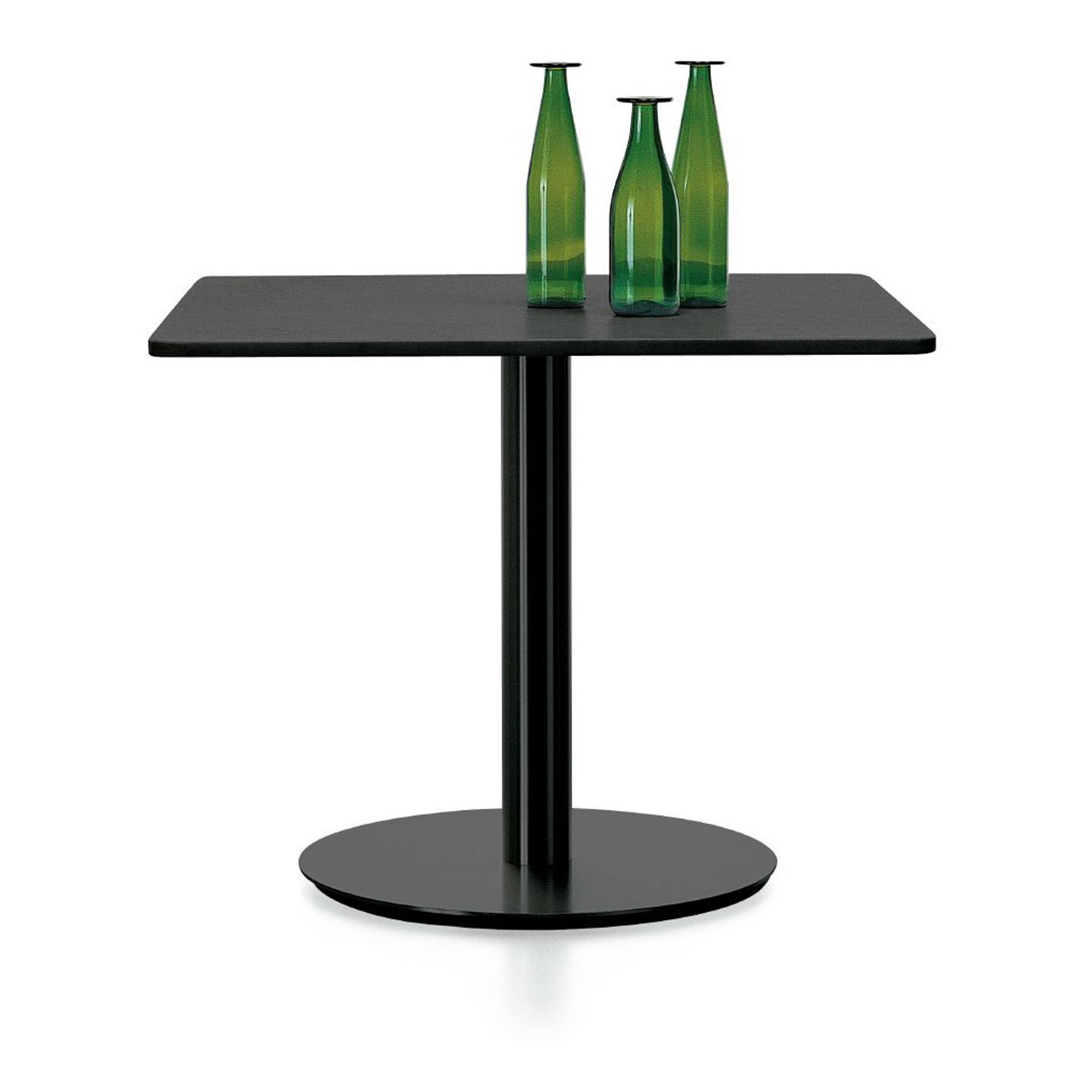 Haworth Break table with circular black base and rectangular black top