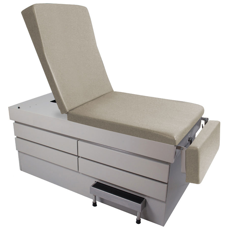 Haworth Power Exam table base with multiple drawers and a vinyl upholstery 