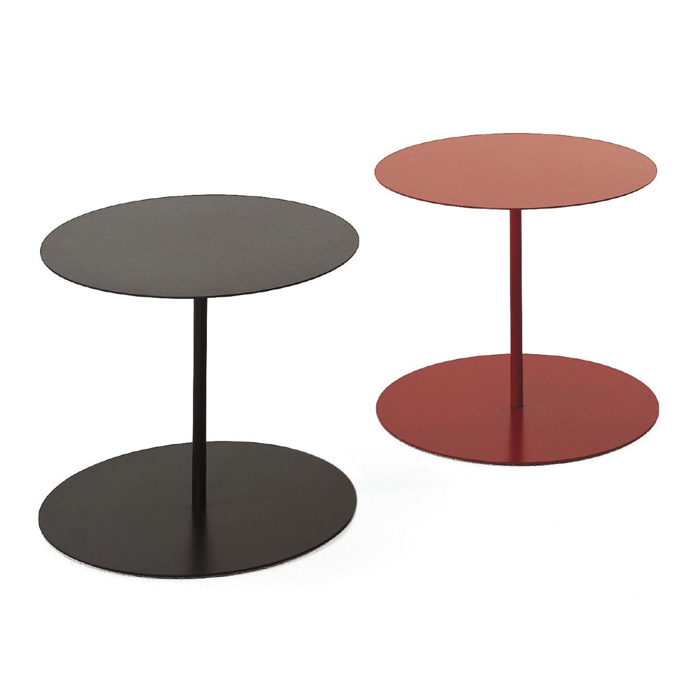 Haworth gong table with circular base and top in black and red
