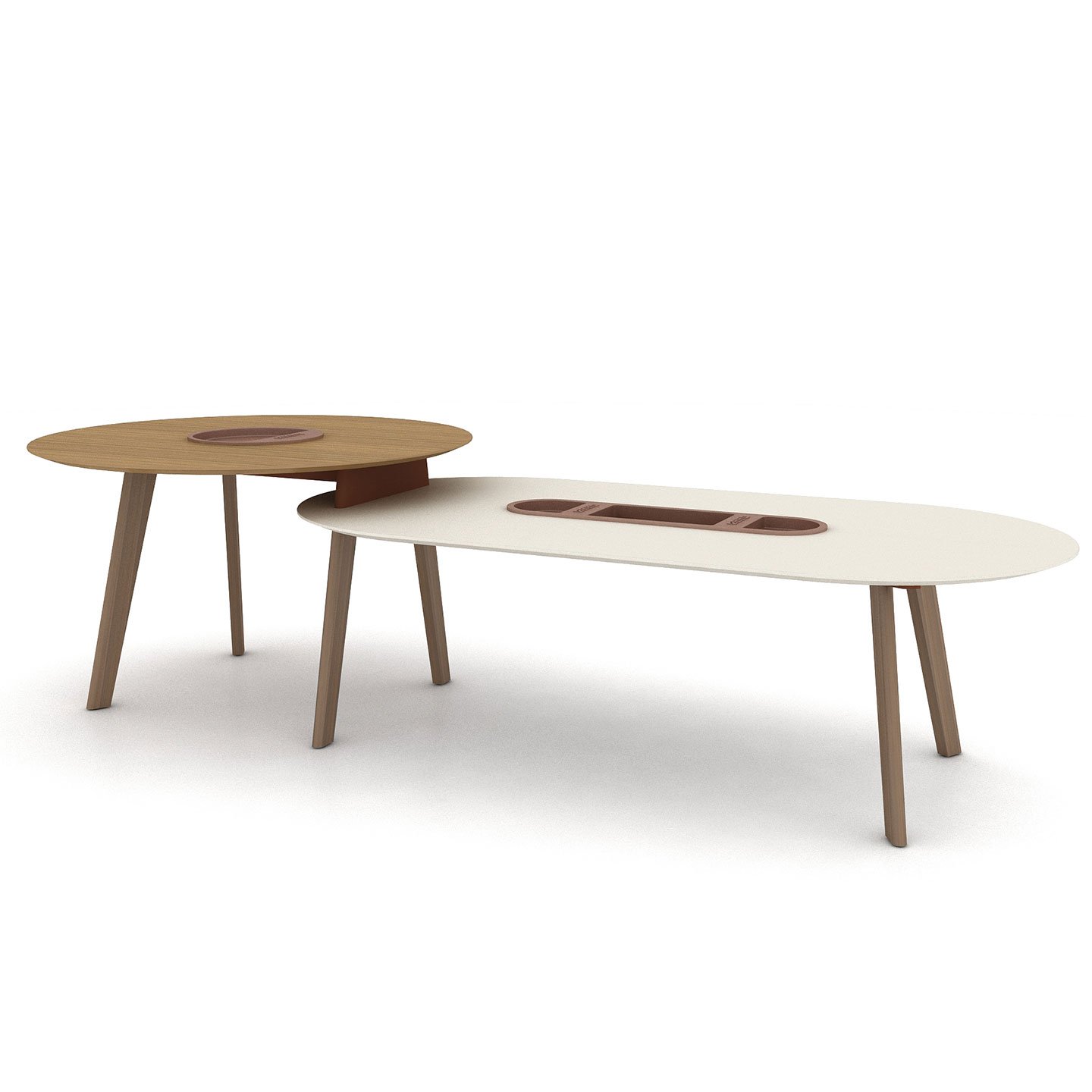 Haworth Immerse Table with 6 legs and circular top and lower elongated round top