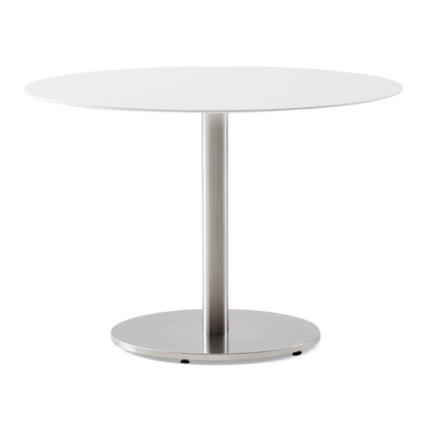 Haworth Janus Cafe Table in brushed stainless steel with circular top and circular base
