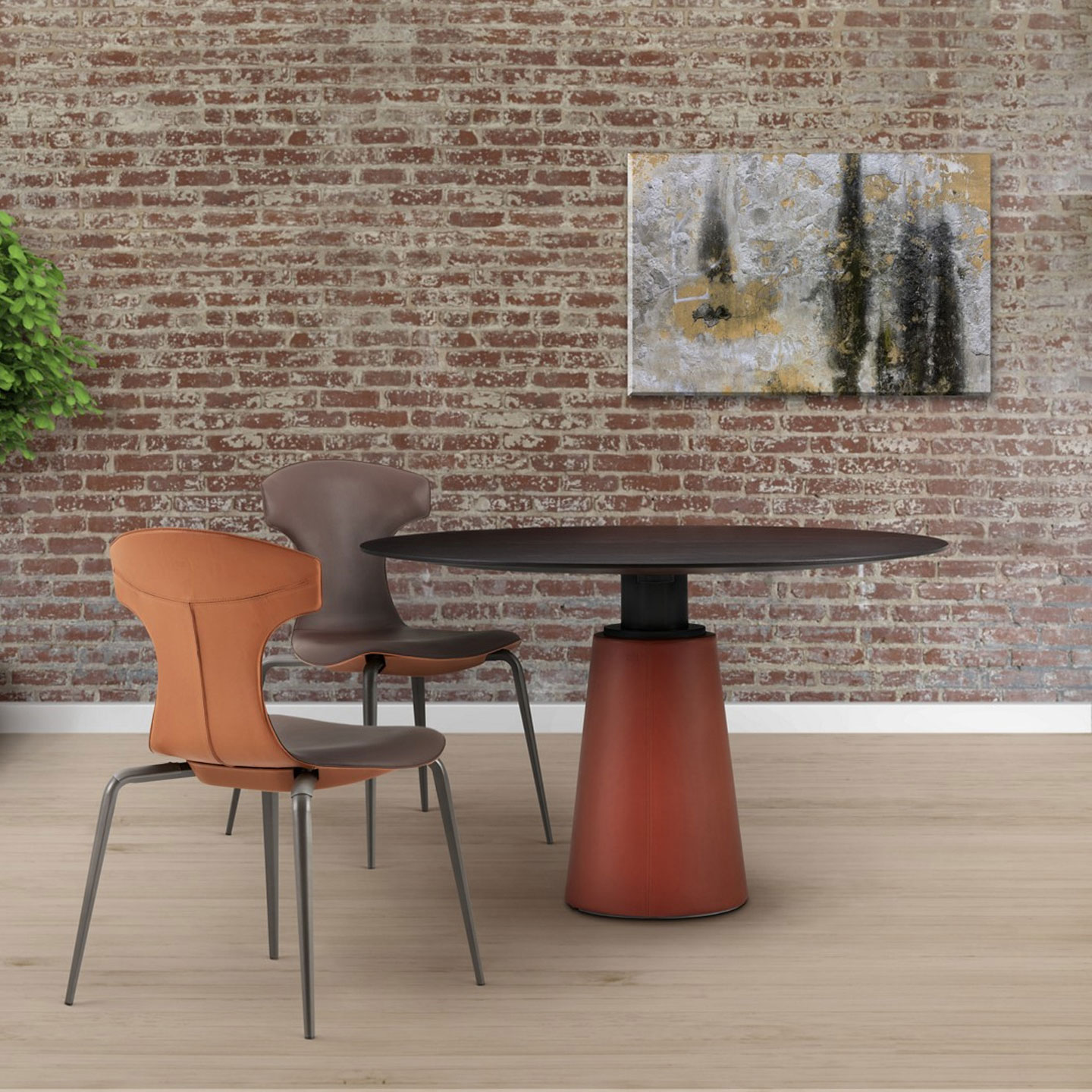 Haworth Mesa Due Table with Wenge Stained Ash circular top and circular base in a social set up with brick walls