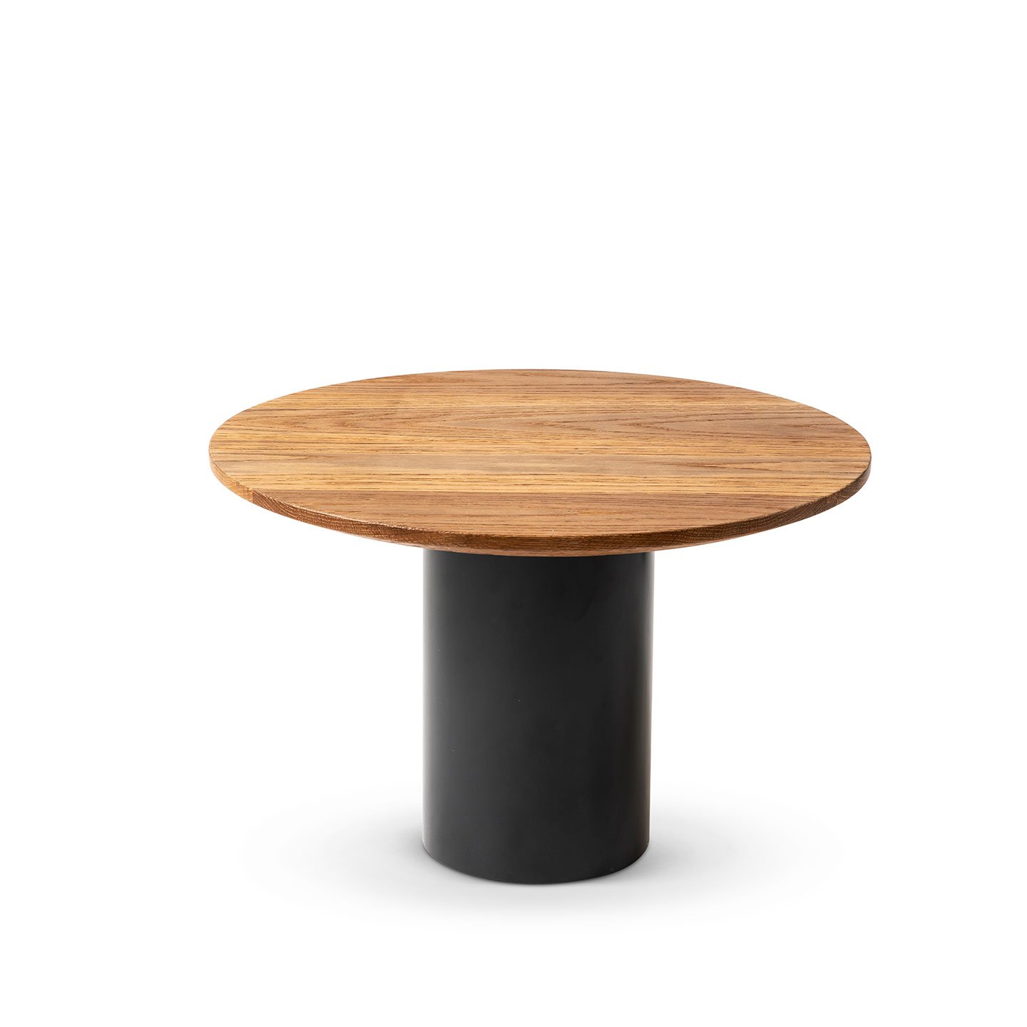 Haworth Mush Table mit  massive Eiche in den Farben Cognac und Carbon, und schwarzem Rundfuß