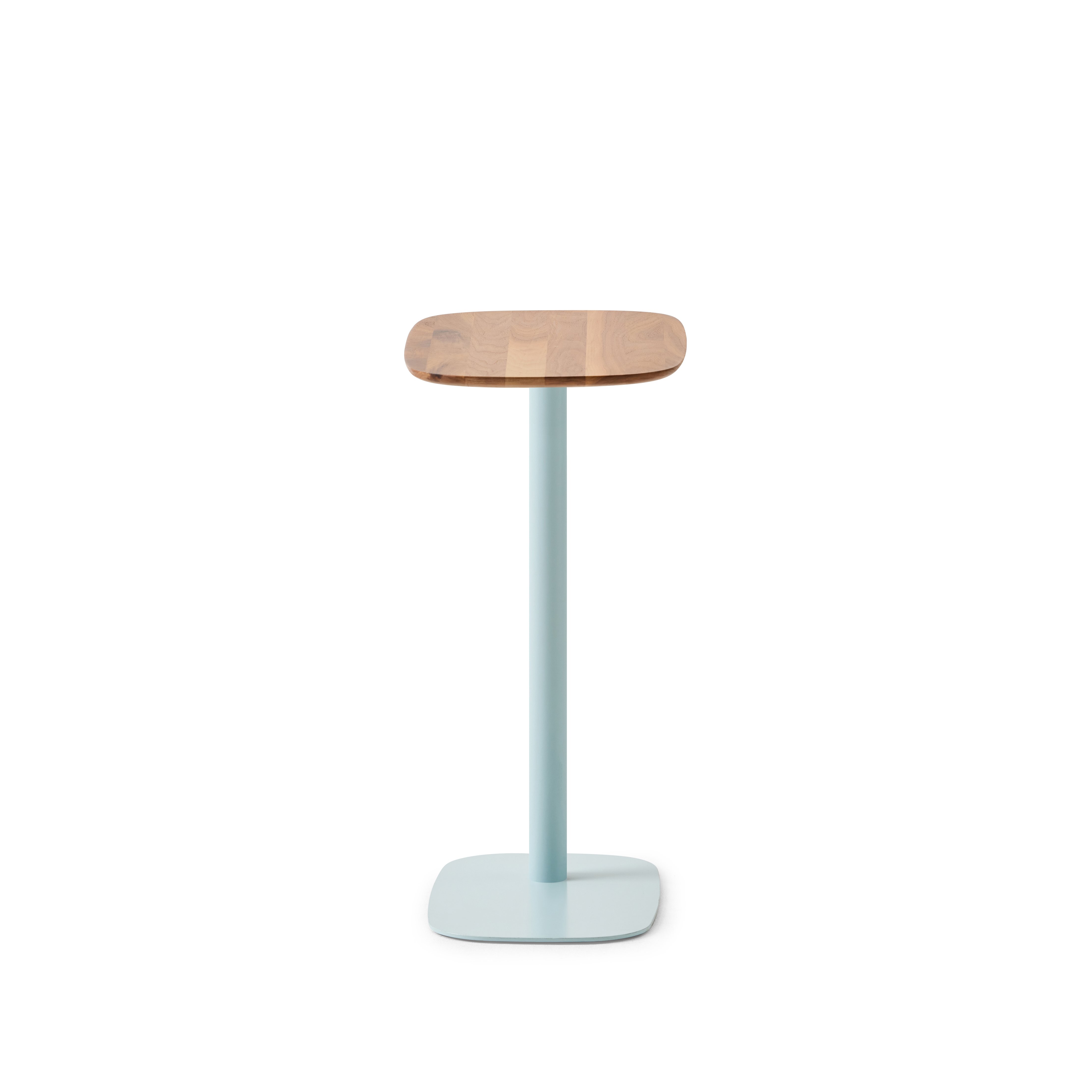 Detail front shot of Pip Table with Wood top and Baby Blue base