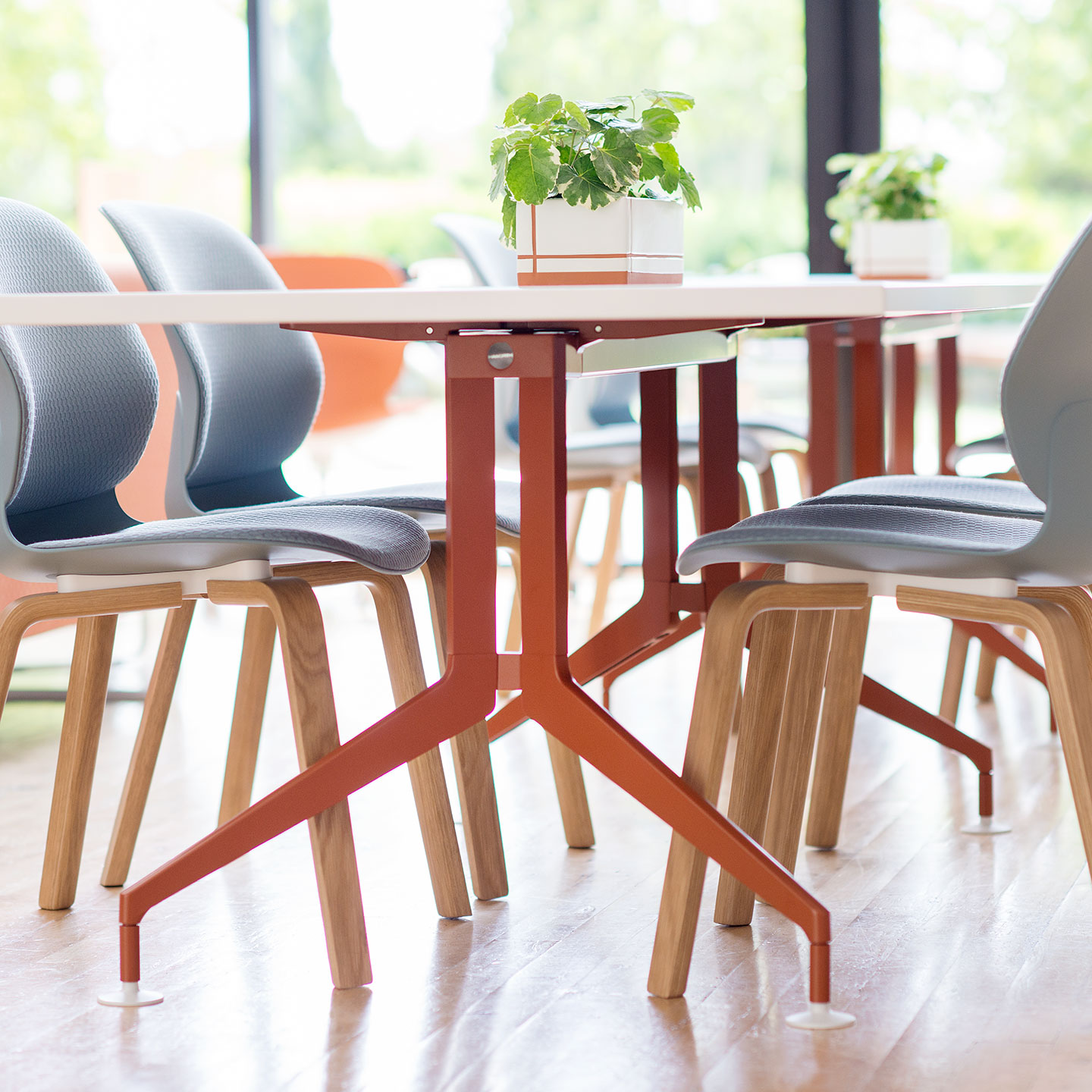 Haworth Planes Collaborative table in a office open area with multiple chairs