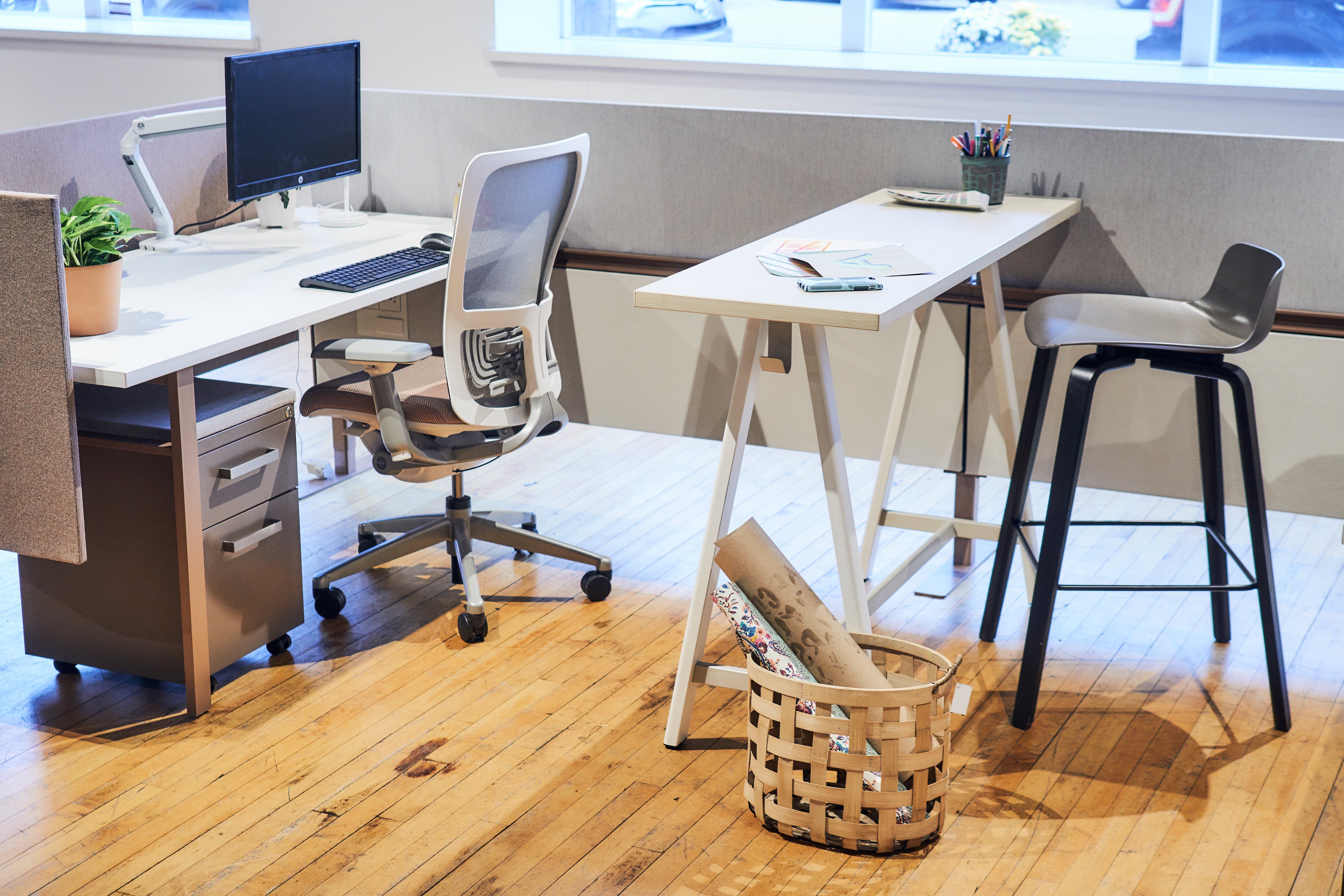 Haworth PopUp Table in a office desk area set up for work with a Zody Task Chair