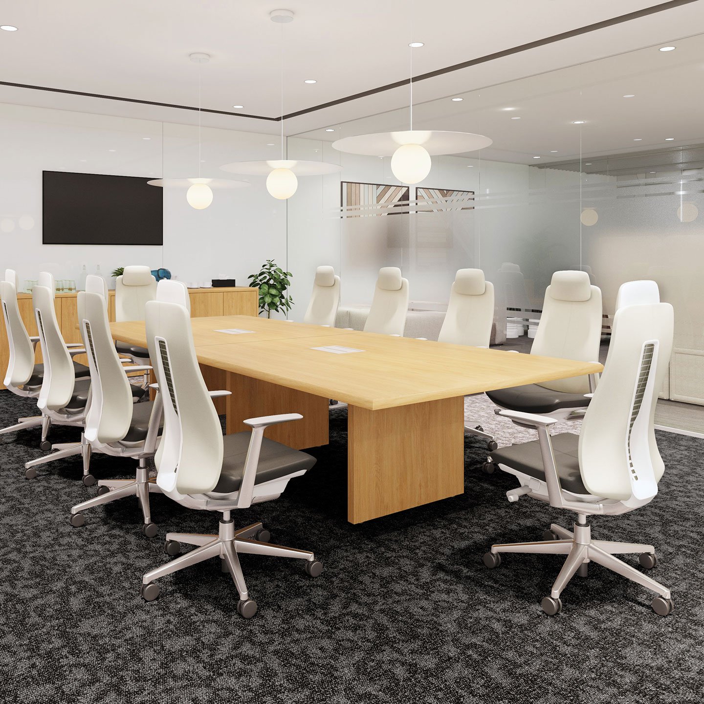 Haworth Wood Conference table in conference room with haworth fern chairs and monitor and glass walls