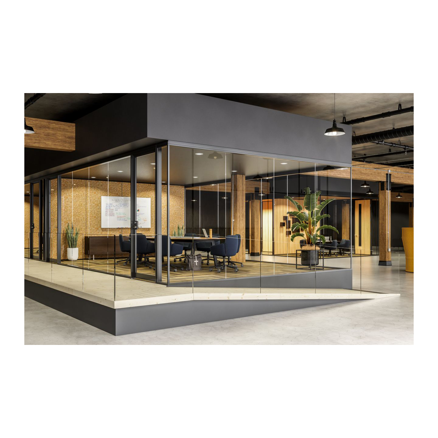 Haworth Enclose Frameless Glass 2 Wall for private meeting room in an open office space with white floor and black ceilings 