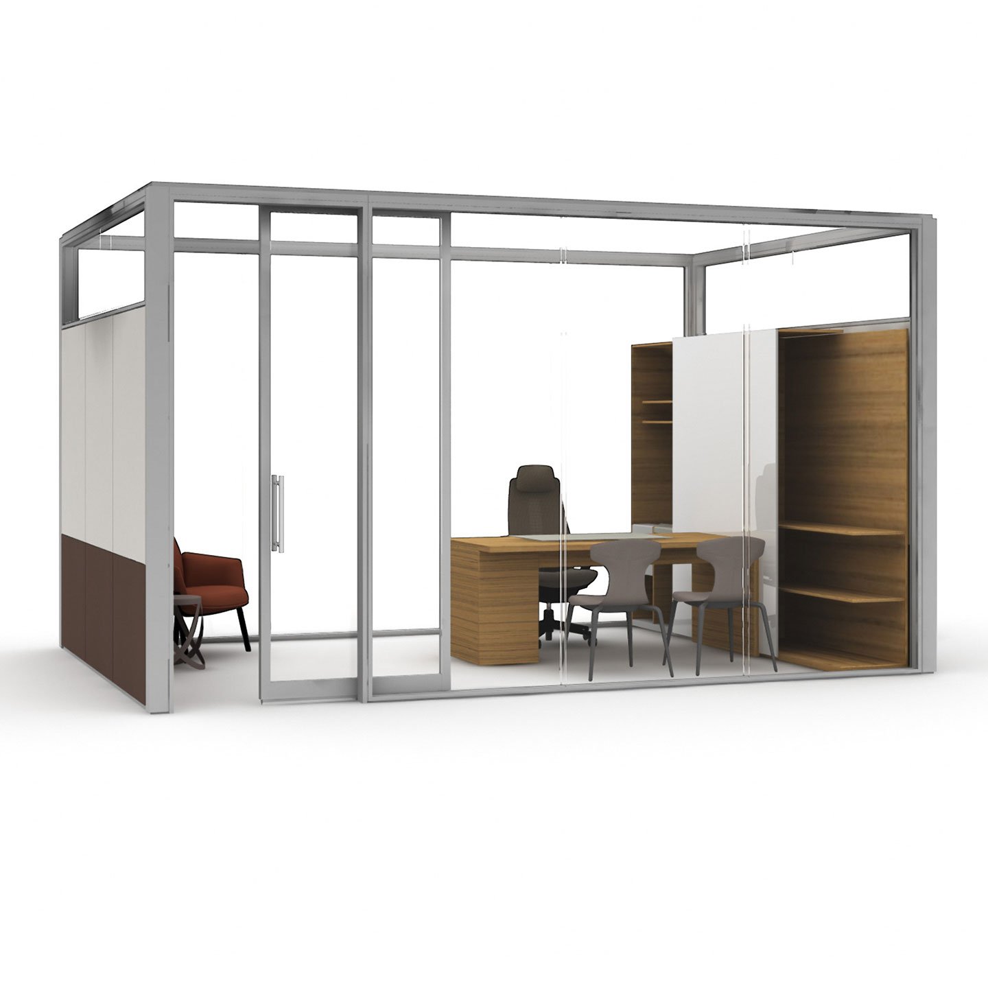 Haworth Enclose Frameless Glass 2 Wall mock up private office space with desk and chairs with wood storage 