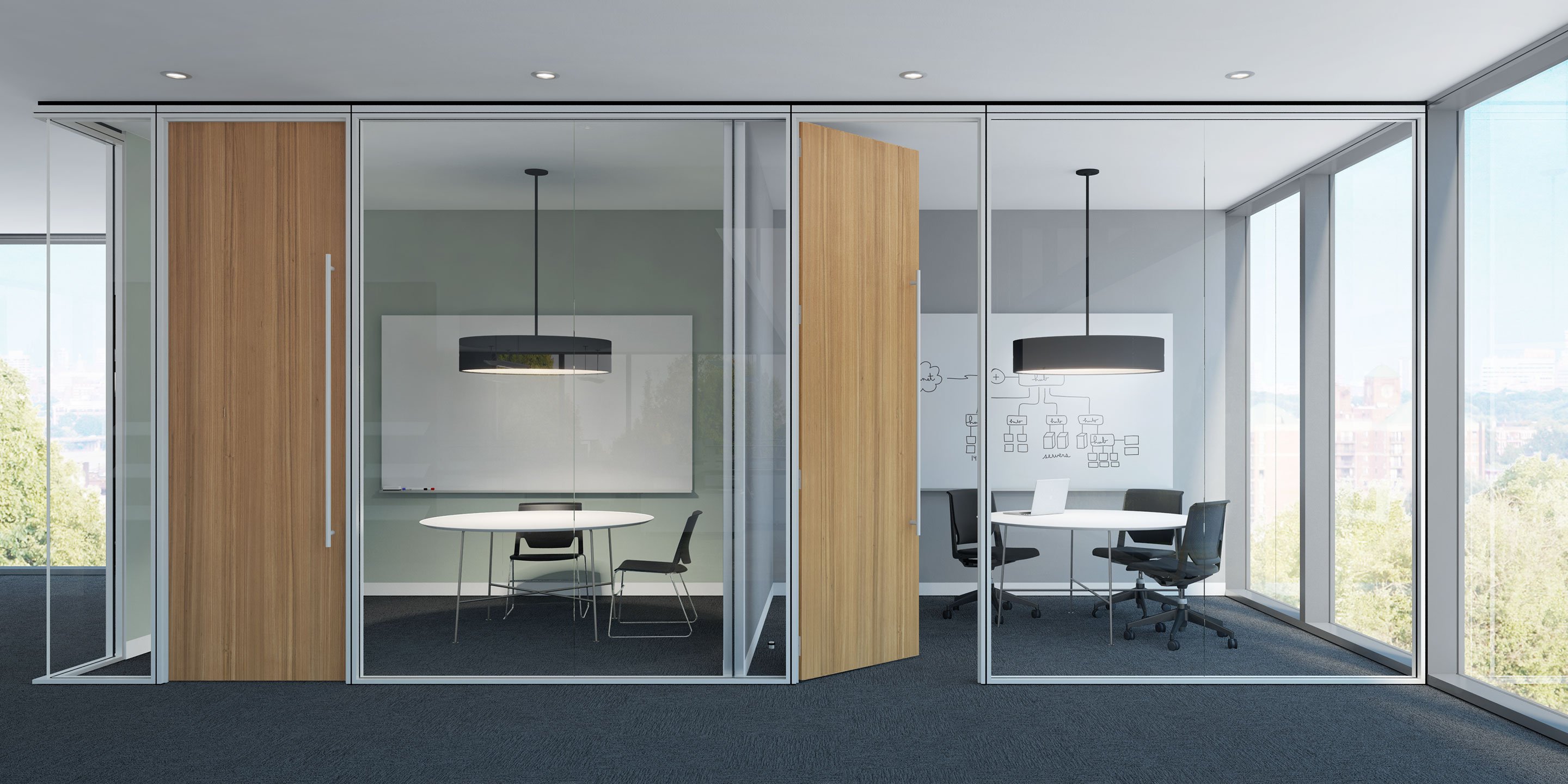 Haworth Enclose Frameless Glass Wall for private collaboration rooms in office that have white circle desks and office chairs next to glass window looking out to trees