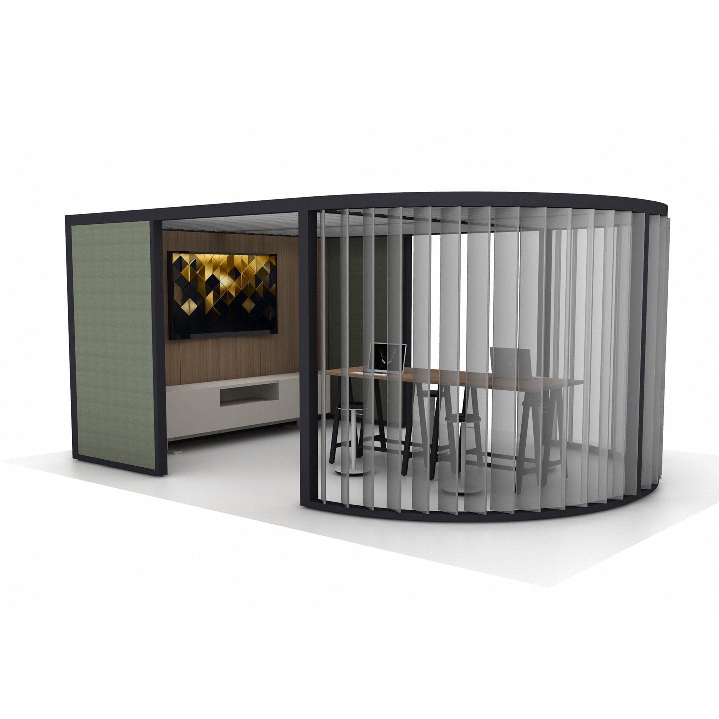 Haworth Pergola with black trim and clear slits with veneer wall with tv on it with tall table and black round chairs 