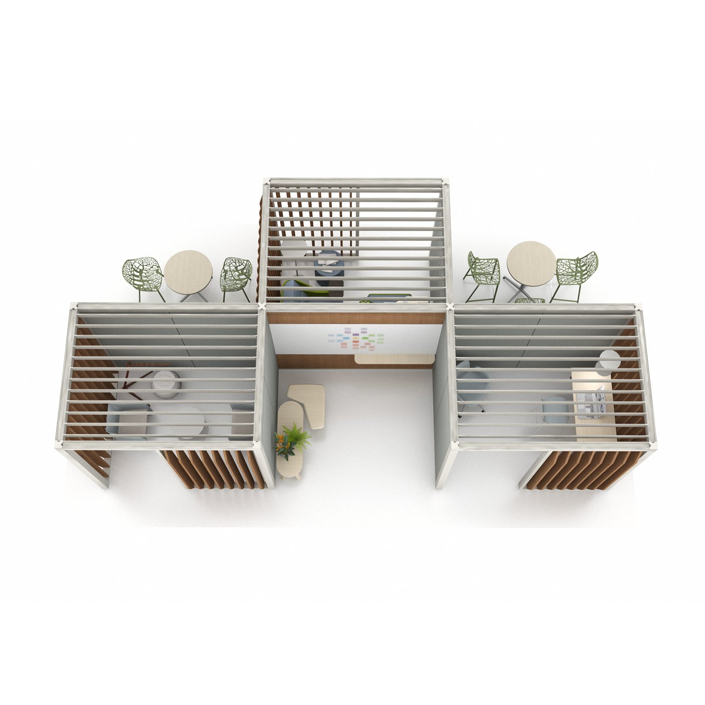 Haworth Pergola Workspace in white trim and veneer slits combined with different styles with a desk, a collaboration area, and a private meeting space with haworth chairs